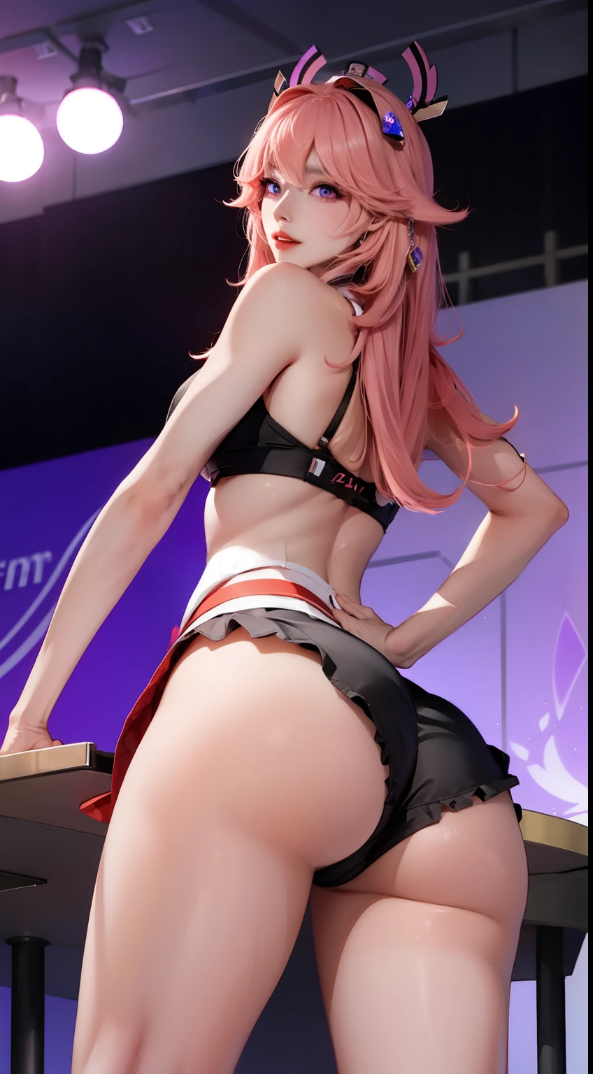 best quality, (on the table: 1.2), detailed, perfect face, pretty face, 1 girl in, pink hair,headgear,long hair,purple eyes,shorts, yes, black panties shot,, floor, best quality, Very detailed , Turn your back to the audience, , (from below: 1.3),Huge butt facing the audience,hip view,big