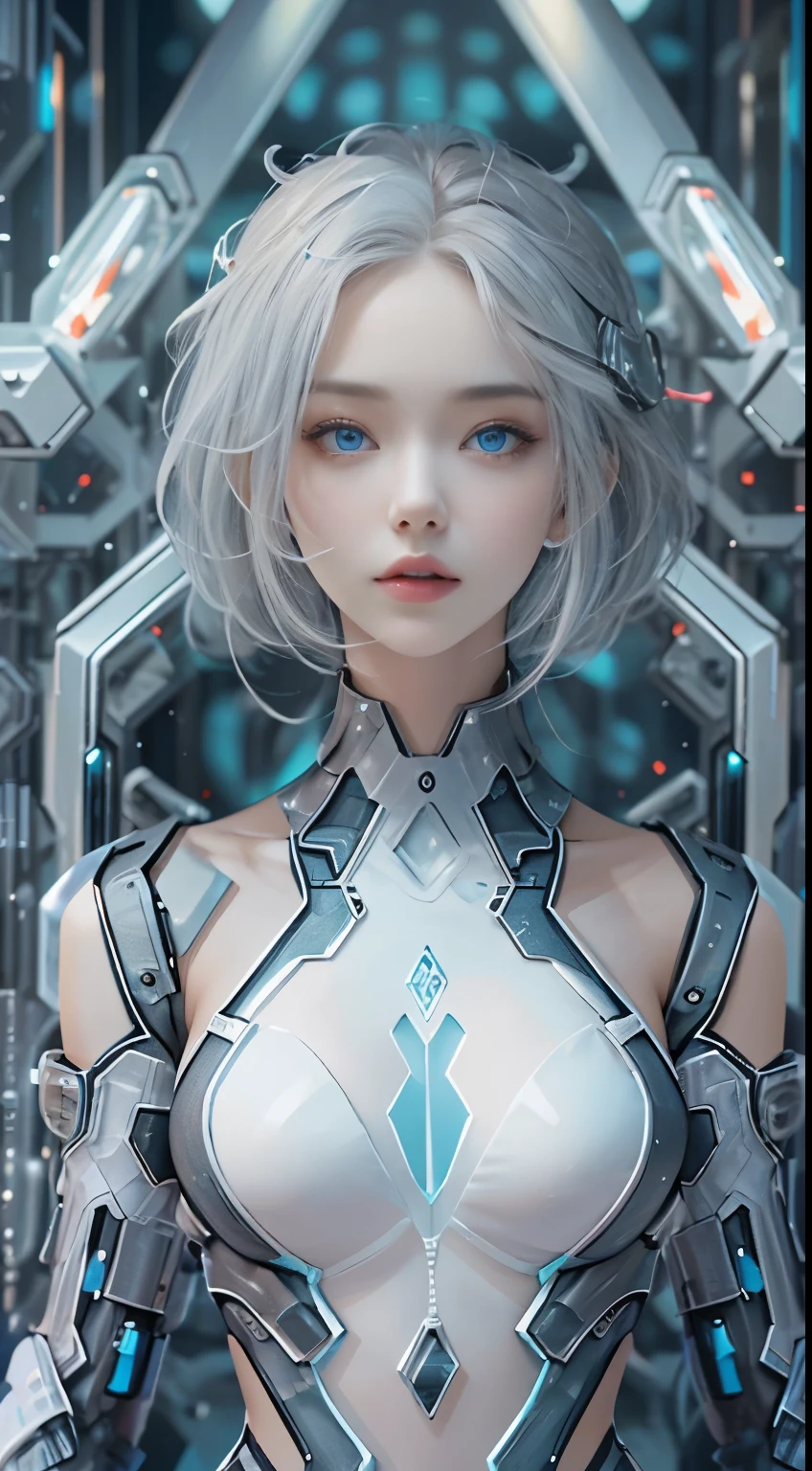 Translucent ethereal mechanical girl，Futuristic girl，Mechanical joints，futuristic urban background，ModelShoot style, (Extremely detailed Cg Unity 8K wallpaper), The beauty of abstract stylization,，surrealism, 8K, Super detail, Best quality, Award-Awarded, Anatomically correct, 16k, Super detail, (silver hair and blue eyes),(beautiful face and eye, double eyelid,delicate skin,cool beauty,tall girl ,slender body shape,big breast)