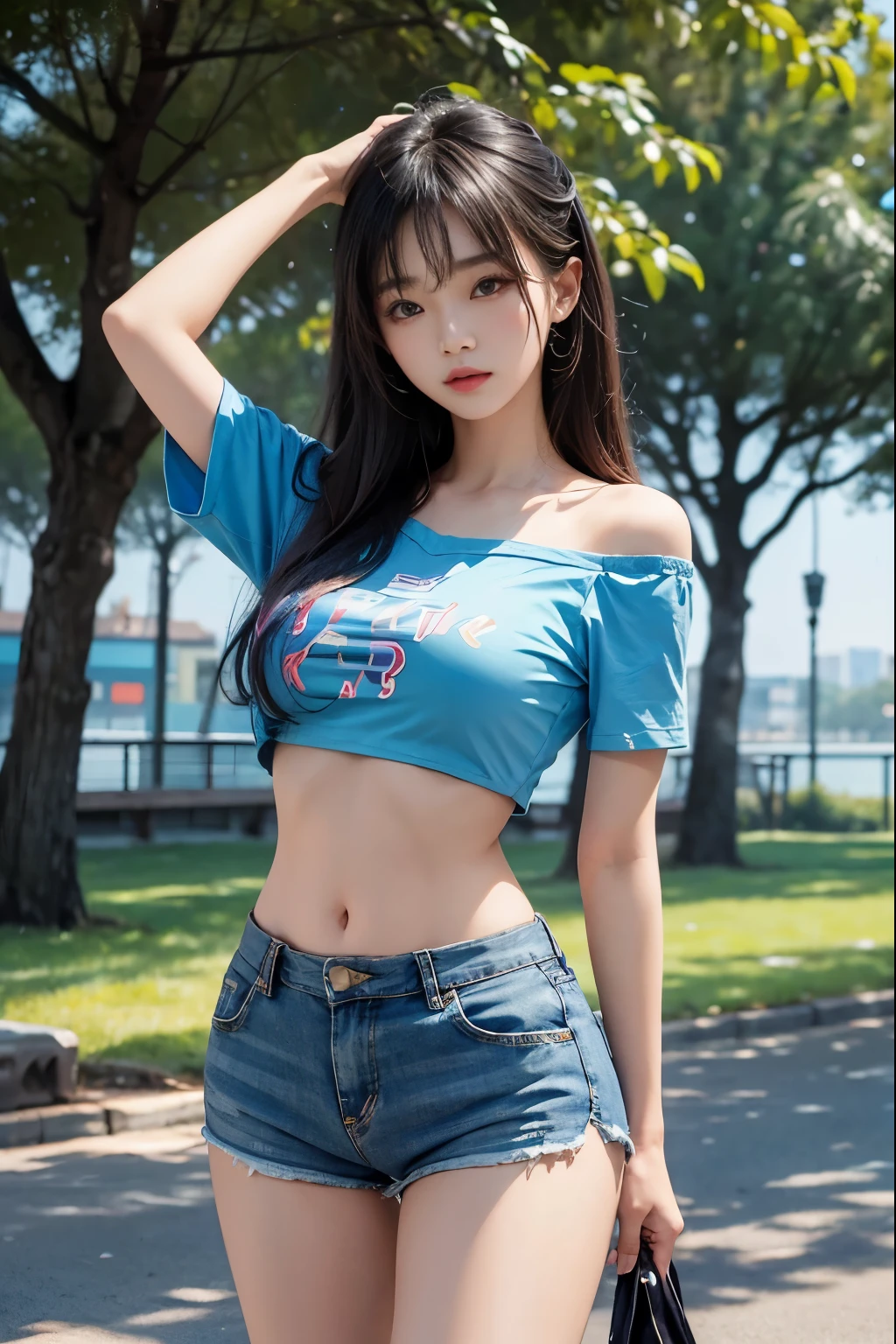 beautiful Korean girl looks like 4D painting,(view), straight parting hair, hair bang, ideal tits, half off shoulder  cropped blue t-shirts With text printed, Short pants, standing, stretching, (park background), vibrant colours, studio lights, gentle lights, dim light, 3D animation