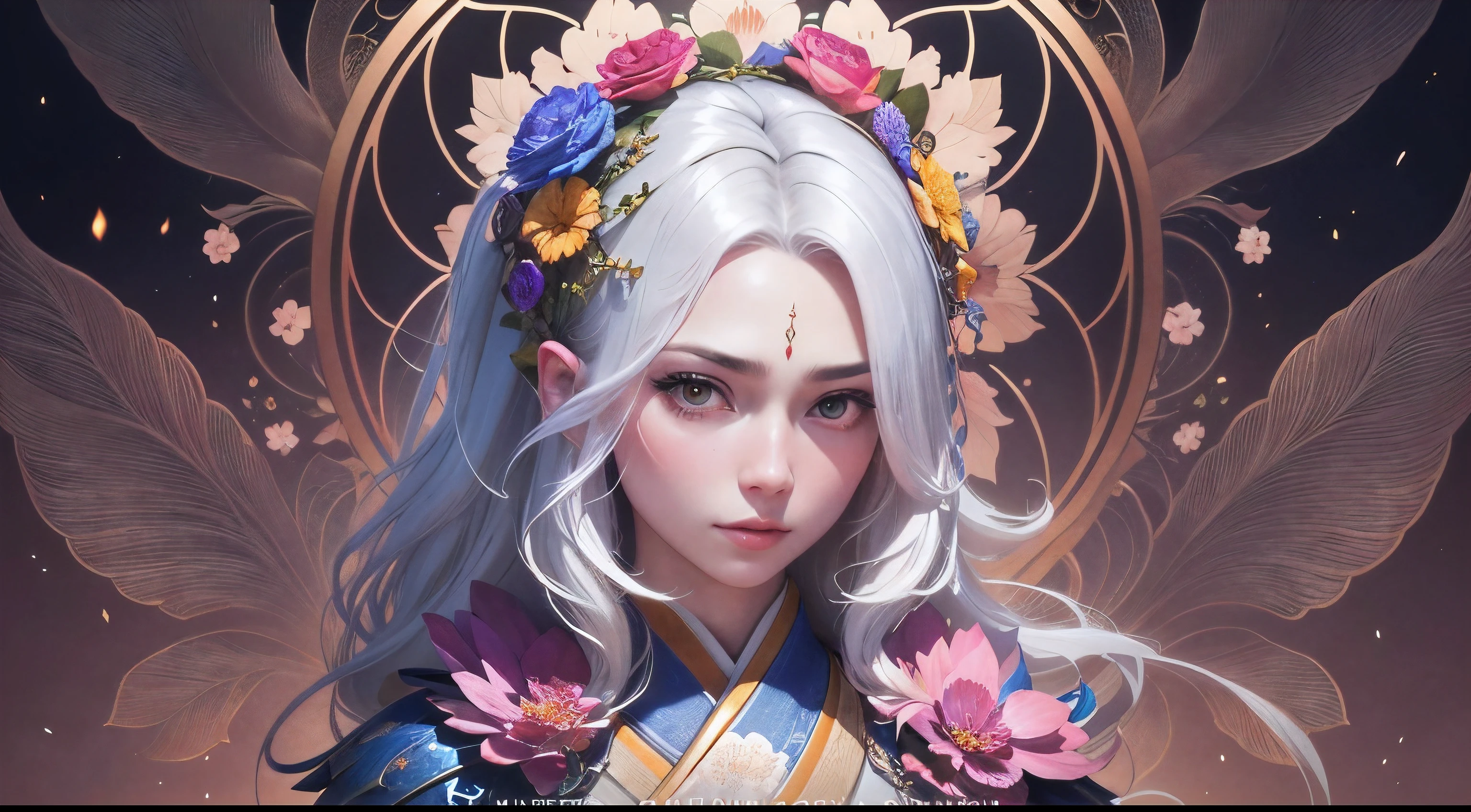 official art, unified 8k wallpaper, super detailed, Beautiful and beautiful, masterpiece, best quality, (tangled, mandala, tangled, entangled), (Fractal art: 1.3), Very detailed, dynamic angle, Chaos in its most beautiful form, elegant, brutalist design, bright colors, Romantic, male, wear a flower on your head, holding sword, white hair, juvenile, japanese manga, fairy fluttering, Handsome, 3d, virtual engine, octane rendering