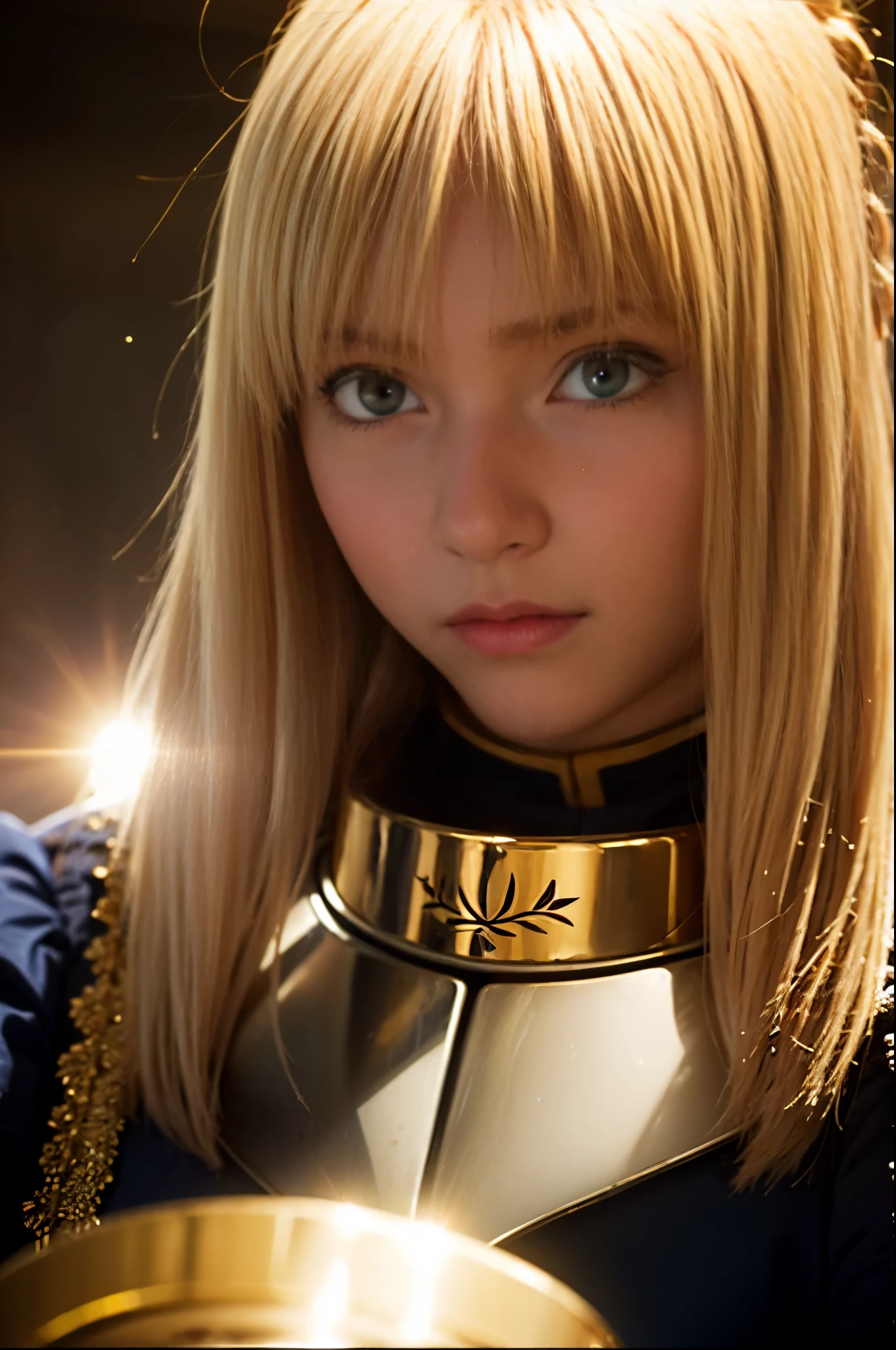 1girl,((())),(a blond), (braided single hair bun)), (huge breast:1.5), (((armor))), ((beautiful anime eyes with fine detail)), ((indigo blue ribbon)), realistic skin, (intricate details), ((lighting forward)), depth field, ((ultra high resolution, high res)), {highres}, {{very fine 8KCG wallpapers}}, {{very precise detailed}}, ((((masterpiece)))),background old castle, ((grasp a golden sword)),