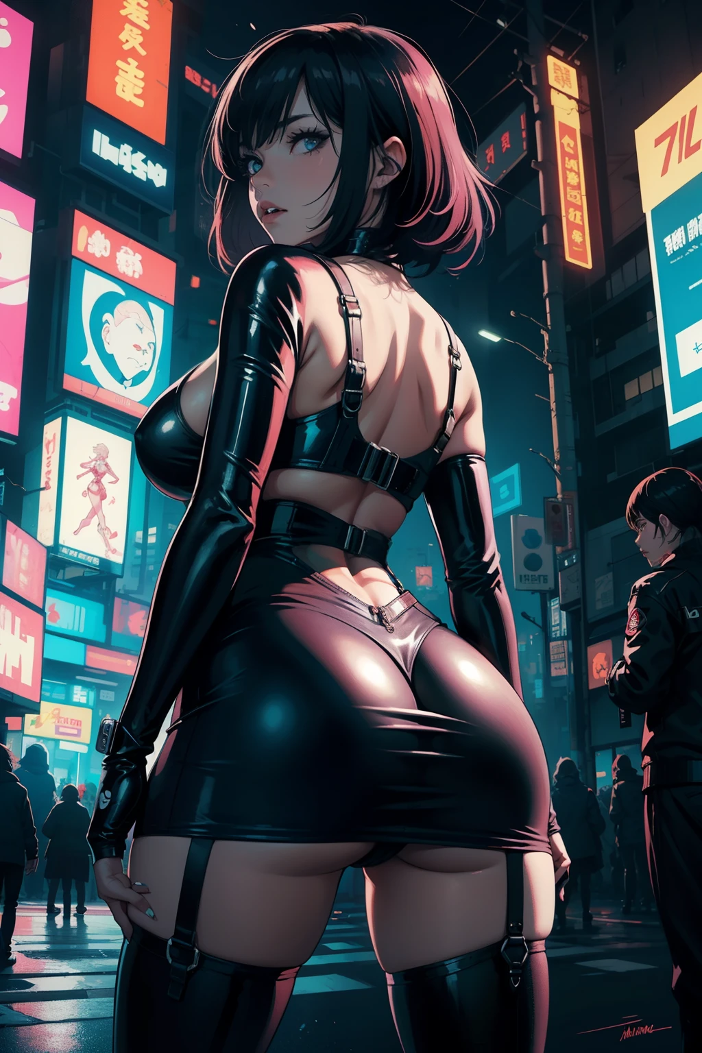 best qyality, perky tits, 8k,  stocking suspenders, woman, medium breasts, anime girl in a black latex suit stands in front of the city, Cyberpunk art inspired by Masamune Shiro, neo-ism, digital cyberpunk anime art, female anime cyberpunk girl, anime cyberpunk art, digital cyberpunk - anime art, standing with her ass forward, panties visible from under a tight dress, large ass, ass pushed back