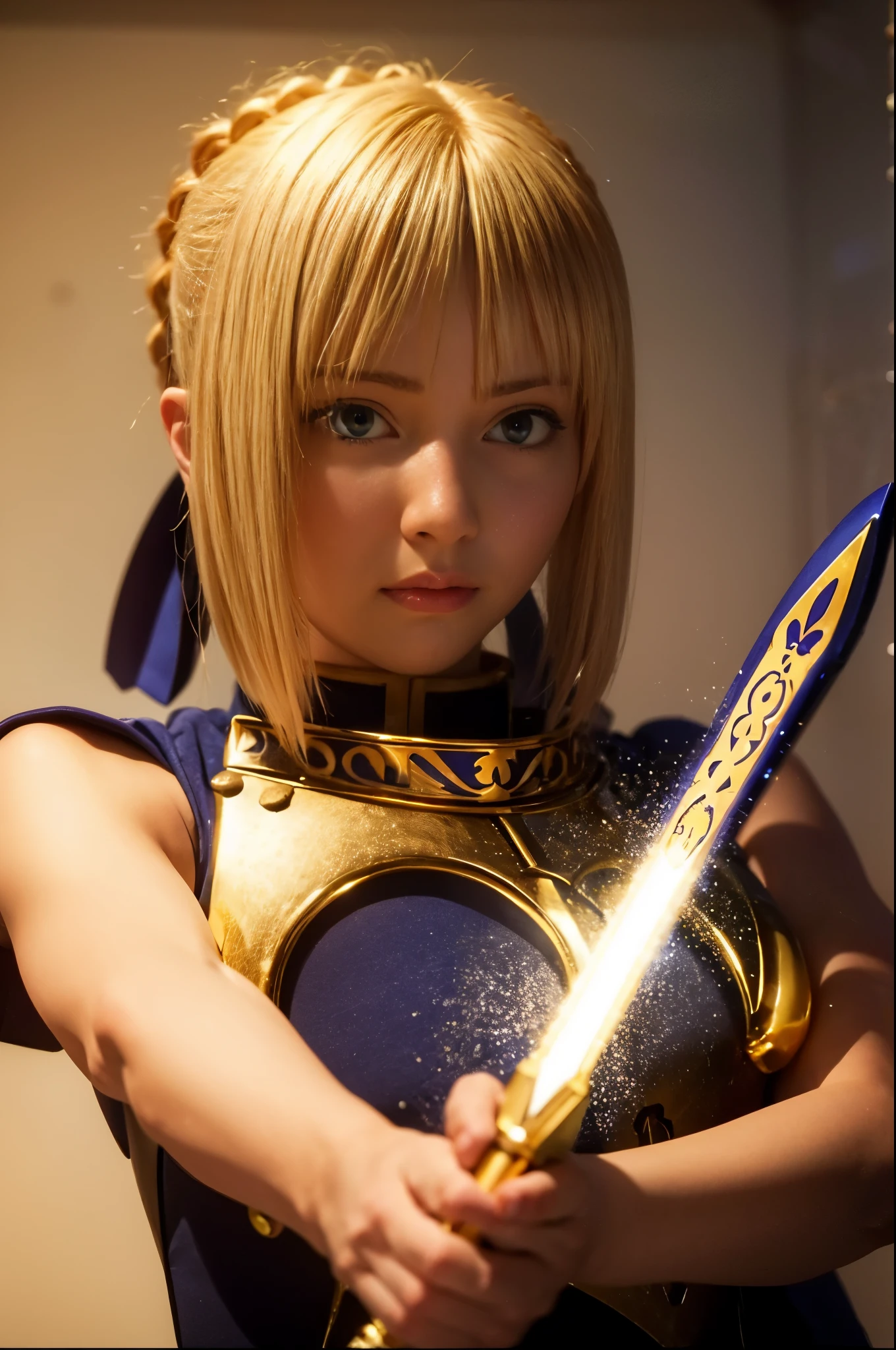  1girl,(((17 years old))),(a blond), (braided single hair bun)), (huge breast:1.5), (((armor))),(((showing nipples))), ((beautiful anime eyes with fine detail)), ((indigo blue ribbon)), realistic skin, (intricate details), ((lighting forward)), depth field, ((ultra high resolution, high res)), {highres}, {{very fine 8KCG wallpapers}}, {{very precise detailed}}, ((((masterpiece)))),background old castle, ((grasp a excalibur)), ((golden sword))