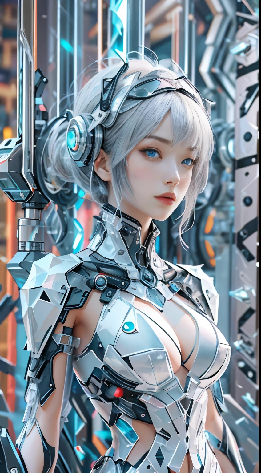 Translucent ethereal mechanical girl,Futuristic girl,Mechanical joints,futuristic urban background,ModelShoot style, (Extremely detailed Cg Unity 8K wallpaper), The beauty of abstract stylization,,surrealism, 8K, Super detail, Best quality, Award-Awarded, Anatomically correct, 16k, Super detail, (silver hair and blue eyes),(beautiful face and eye, double eyelid,delicate skin,cool beauty,tall girl ,slender body shape,big breast)