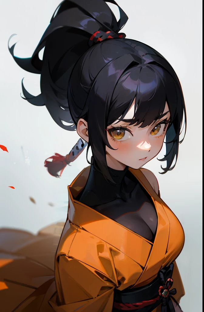 Masterpiece, Best quality,Samurai of Japan,1 female, Black hair with high ponytail, Bright eyes, heroic look, full body, Wear a Japanese katana, Japanese samurai costumes and ninja costumes are yellow, Black, yellow and red,splendid,Facial details, The face is delicate, large bust, cleavage, shoulderless, a view from above