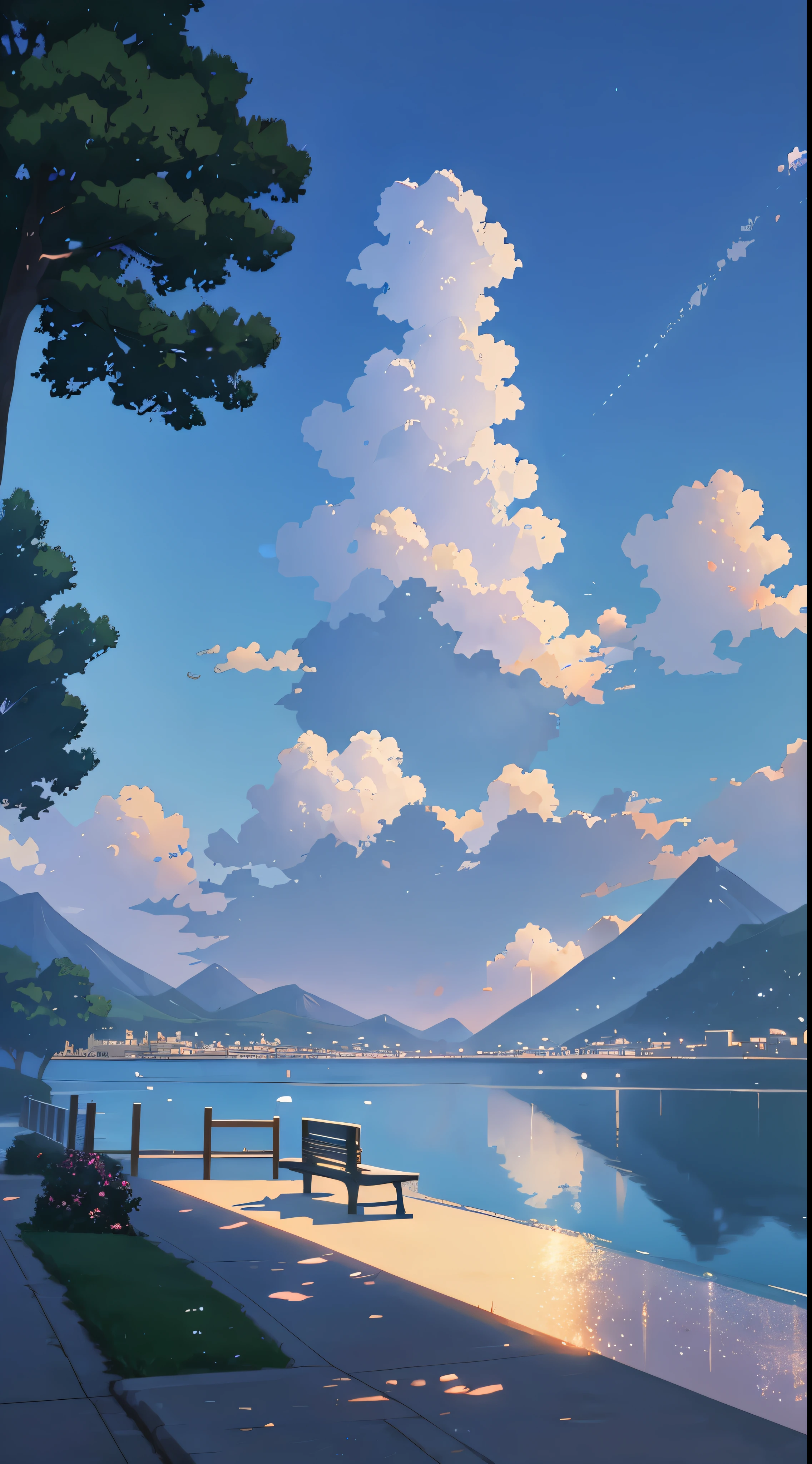 Anime scenery with benches overlooking the waters and mountains, Anime landscapes, beautiful anime scenery, beautiful anime scenes, Makoto Shinkai's style, anime backgrounds, Anime landscape, anime beautiful peace scene, Makoto Shinkai. —h 2160, in the style of makoto shinkai, Anime background art, ( ( Makoto Shinkai ) )