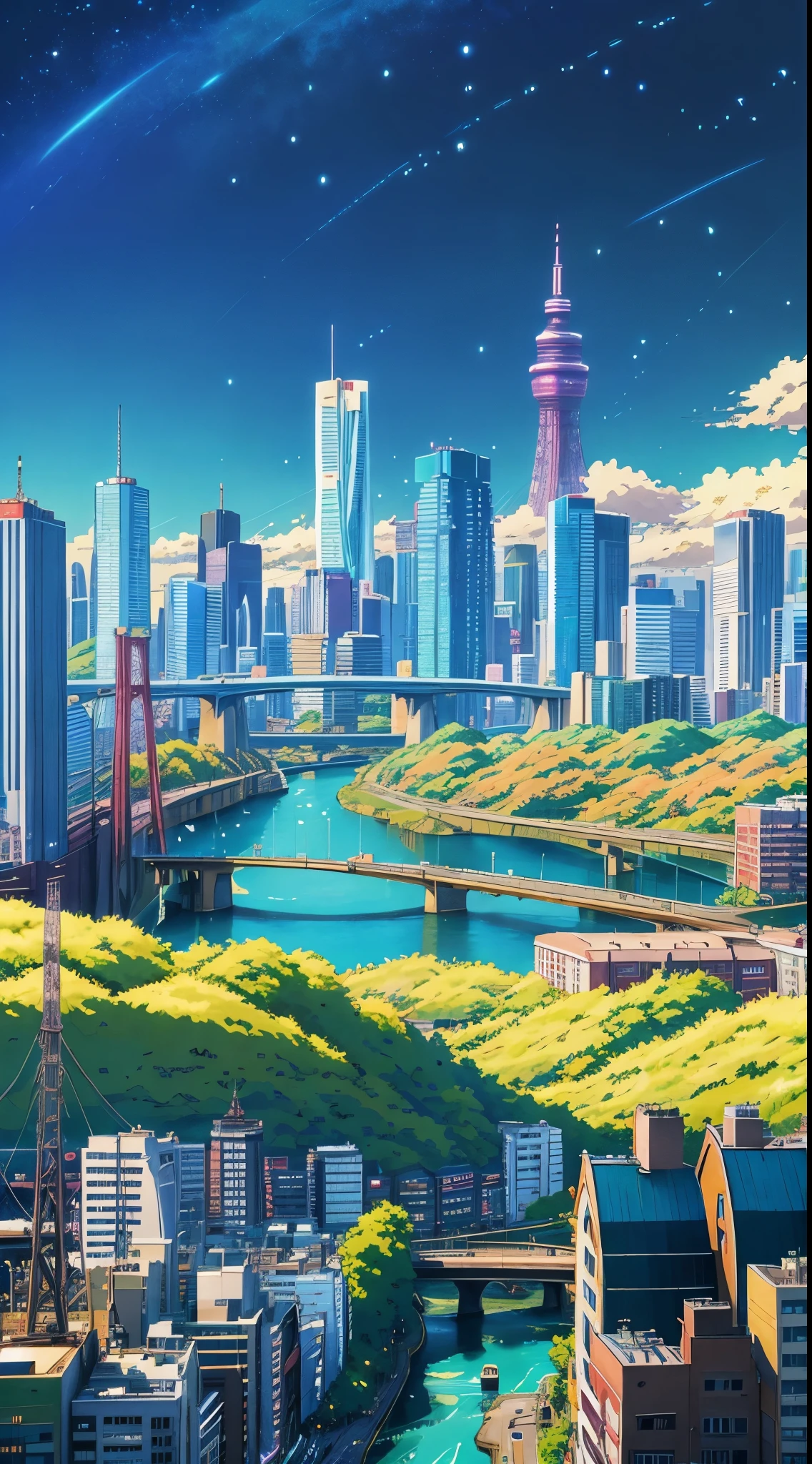 looking over city，Guardrail and river in foreground, hd anime cityscape, anime backgrounds, Anime background art, anime movie backgrounds, Anime landscapes, beautiful anime scenery, anime style cityscape,  Background with, Anime landscape wallpaper, beautiful cityscape,  the are In the background, Tokyo anime anime scenes, beautiful anime scenes,  the are In the background, Colorful anime movie background, Anime landscapes