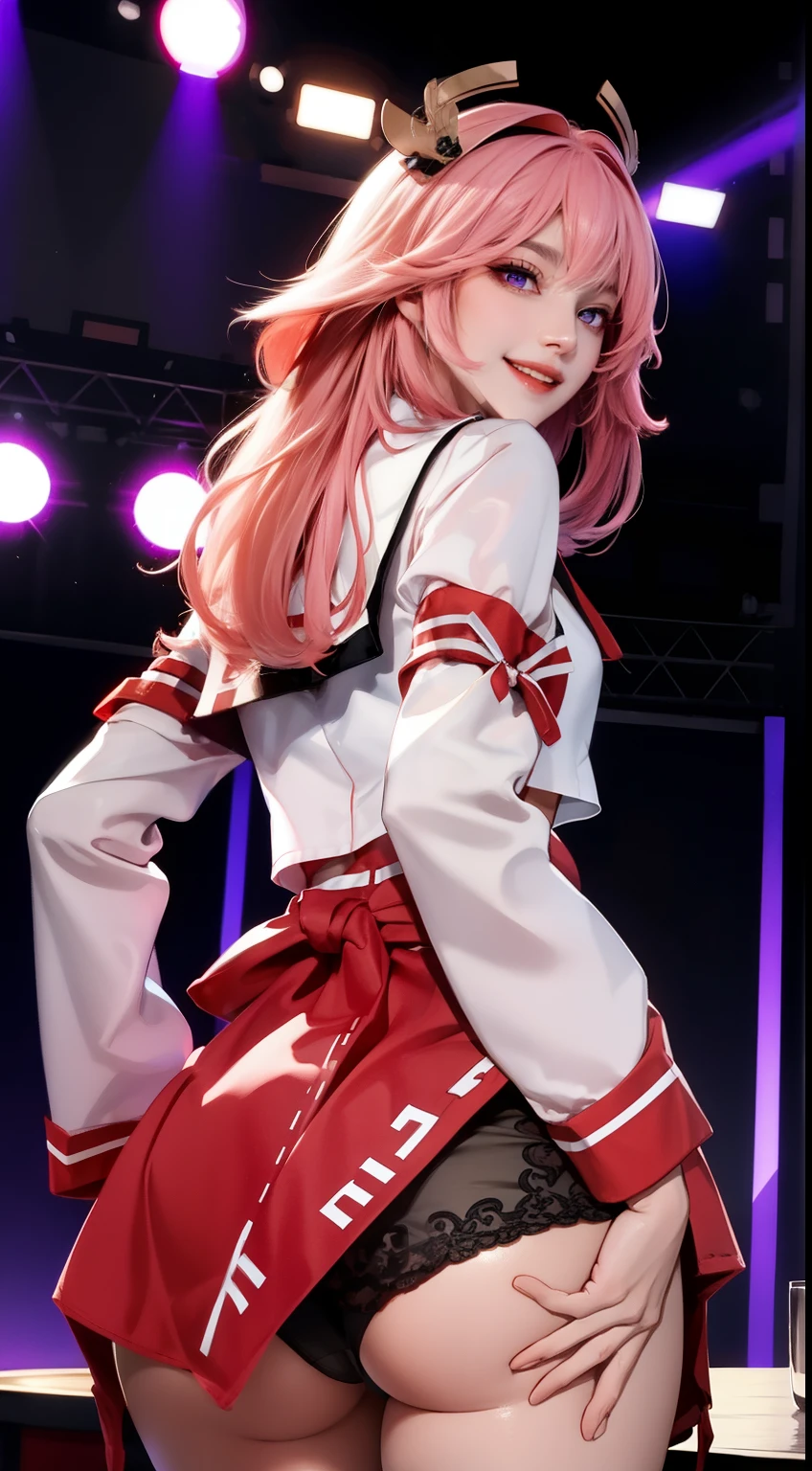 best quality, (on the table: 1.2), detailed, perfect face, pretty face, 1 girl in, pink hair,headgear,long hair,purple eyes,Sailor suit,black hip skirt, yes, black panties shot,, floor, best quality, Very detailed , Turn your back to the audience, , (from below: 1.3),Huge butt facing the audience,hip view,big ,Smile