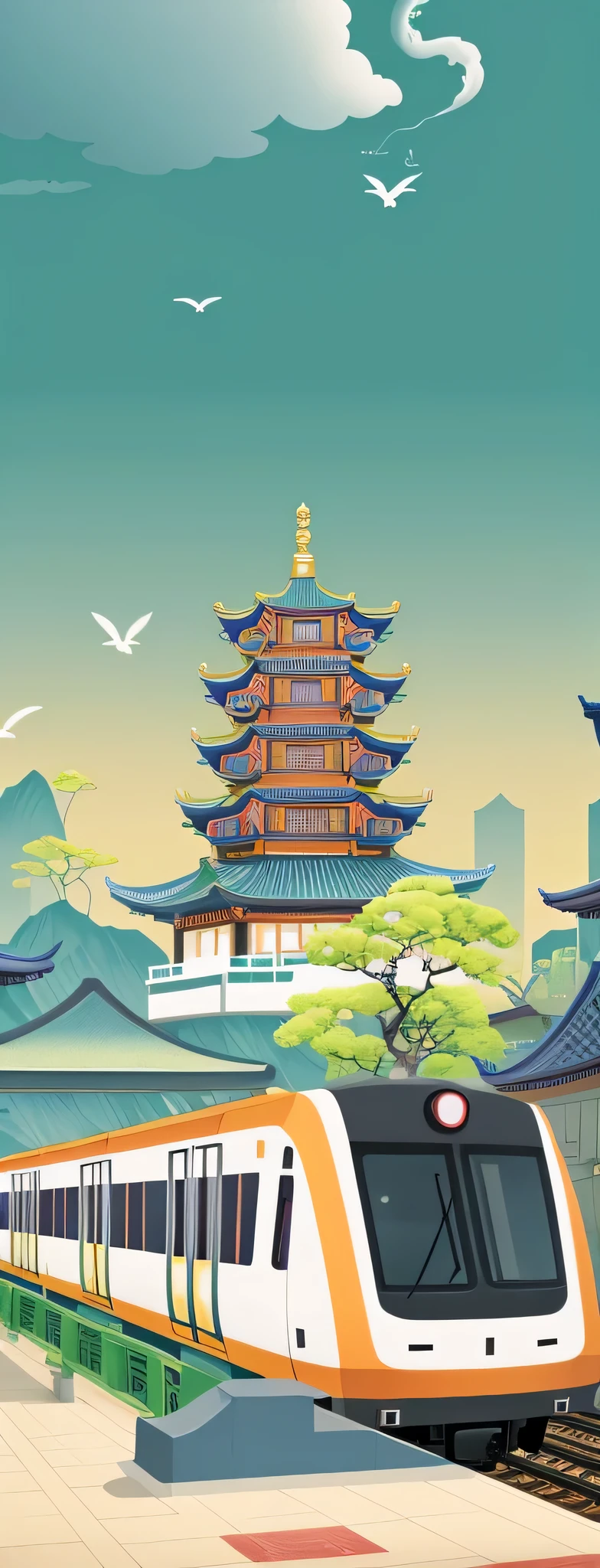 There is a train running on the tracks in the oasis, Illustration of a beautiful Asian city,Ahead is the subway subway rail city factory , temple background, Detailed digital illustrations, Amazing wallpapers, Very detailed illustrations, background artwork, Chinese architecture cmyk palette, Oriental wallpaper, Chinese architecture, ancient Chinese architecture, Inspired by Hanbei Yoshida, Inspired by Victor Wei, wallpaper art