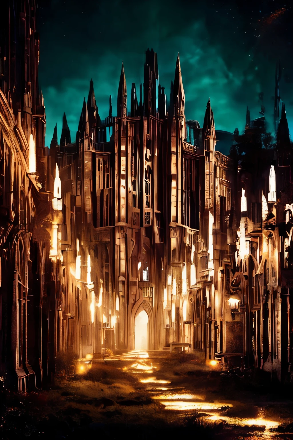 best quality, 32k, RAW photo, incredibly absurdres, extremely detailed, delicate texture, aesthetic gothic collection, general term for (architecture, art, fashion, literature, thought, style, and culture), cityscape, landscape, background heretical and mysterious light that illuminates the darkness, gothichorrorai