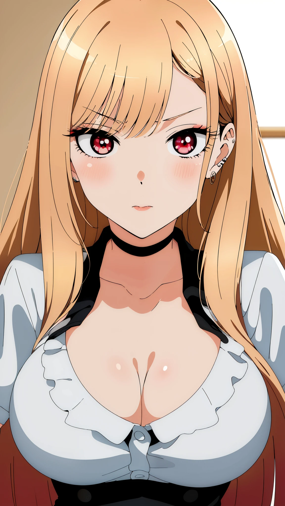 (day),Simple White Background, kiss face blowing a kiss glossy looking very very angry at you for looking at her boob ,wiping
Standing at attention,
choker, collarbone,shite shirt with green tie,school uniform, collared shirt,
ring,jewelry,
red eyes,bangs, blonde hair,long hair,
1 girl, 20yo,Young female,Beautiful Finger,Beautiful long legs,Beautiful body,Beautiful Nose,Beautiful character design, perfect eyes, perfect face,expressive eyes,perfect balance,
looking at viewer,(Focus on her face),closed mouth, (innocent_big_eyes:1.0),Light_Smile,
official art,extremely detailed CG unity 8k wallpaper, perfect lighting,Colorful, Bright_Front_face_Lighting,shiny skin,
(masterpiece:1.0),(best_quality:1.0), ultra high res,4K,ultra-detailed,
photography, 8K, HDR, highres, absurdres:1.2, Kodak portra 400, film grain, blurry background, bokeh:1.2, lens flare, (vibrant_color:1.2),professional photograph,
(Beautiful,large_Breasts:1.4), (beautiful_face:1.5),(narrow_waist),
