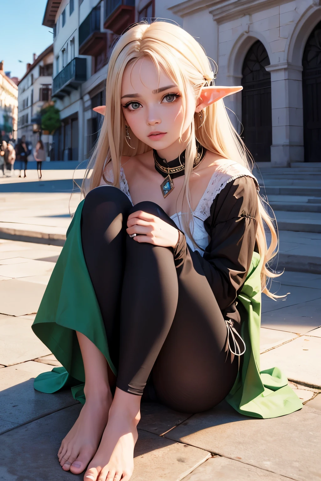A humble female elf,cabelos negros sujos,olhos azuis, thin lips, rosto redondo,seios pequenos achatados,roupas velhas rasgadas, mendiga dos tempos das idade media,female elf, barefoot begging in the public square ,cidade medieval, Closeup visto de cima ,noite chuvosa
