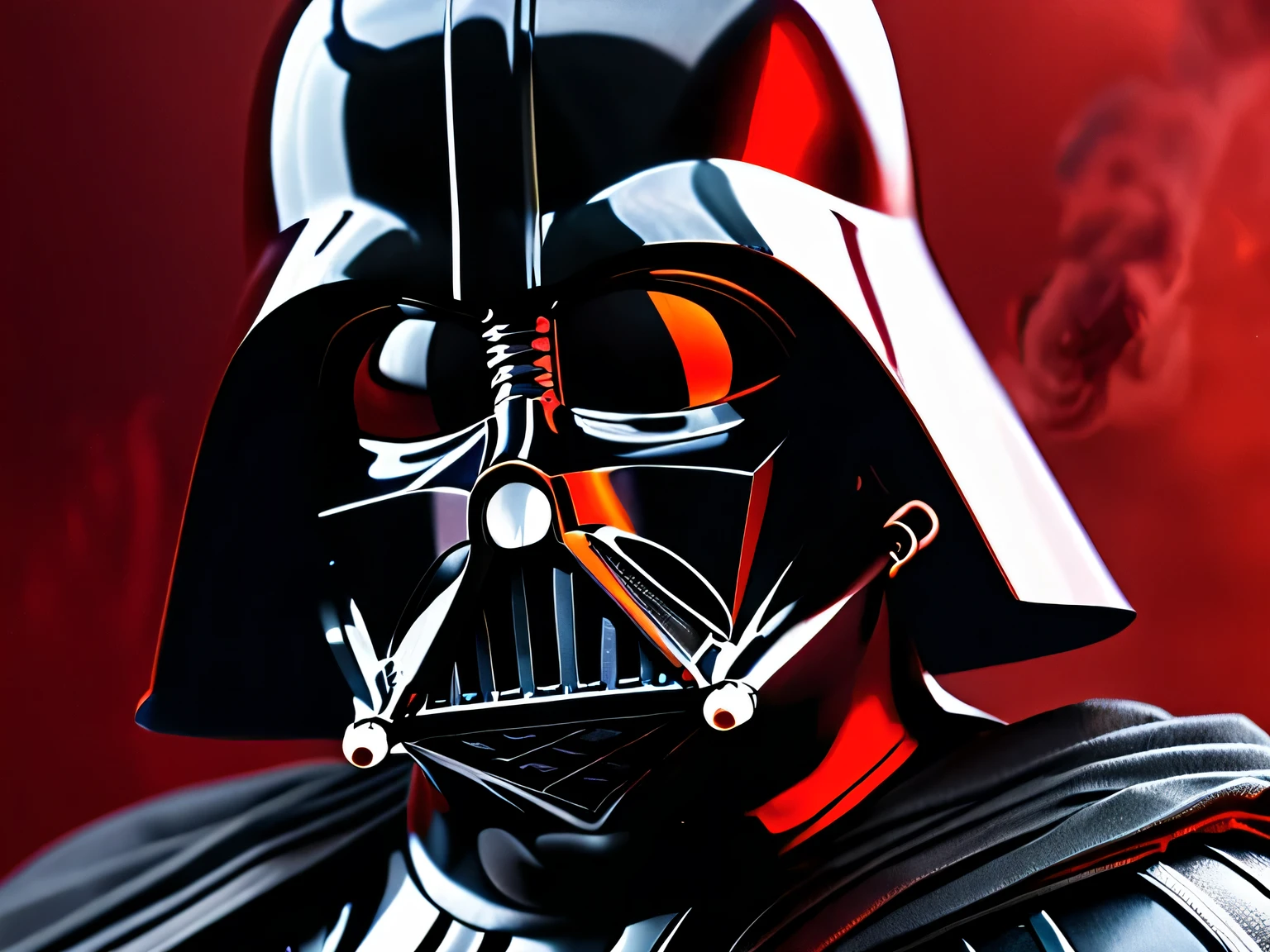 Dark Vader, close up shot, red smokey background, realistic, highly detailed, 4K, hyper-detailed, intriciate, high quality, best quality, (No blood)