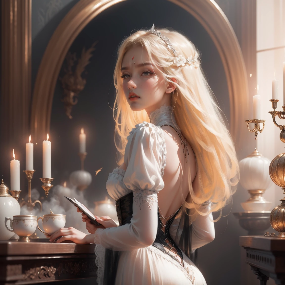 { - anatomy error}(Masterpiece - Ultra-detailed, very high resolution) Prepare to be enchanted by a true masterpiece that combines ultra-detailed art with high-resolution rendering. This work depicts a mesmerizing woman with very long blond hair (1.3) and captivating gray eyes (1.2), emanating an aura of elegance and mystery in Victorian settings. The intricate details and realistic textures invite you to explore every aspect of this enchanting composition. Woman wearing beautiful classic Victorian costume from the year 1878. Red lips. Happy face. Smiling. white (white) dress. backwards, looking back, dynamic poses. Get ready to dive into a world where beauty and craftsmanship merge perfectly.