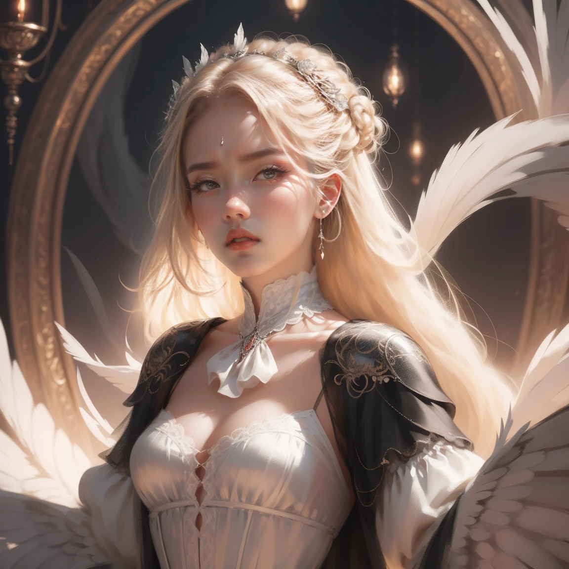 { - anatomy error}(Masterpiece - Ultra-detailed, very high resolution) Prepare to be enchanted by a true masterpiece that combines ultra-detailed art with high-resolution rendering. This work depicts a mesmerizing woman with very long blond hair (1.3) and captivating gray eyes (1.2), emanating an aura of elegance and mystery in Victorian settings. The intricate details and realistic textures invite you to explore every aspect of this enchanting composition. Woman wearing beautiful classic Victorian costume from the year 1878. Red lips. Happy face. Smiling. white (white) dress. backwards, looking back, dynamic poses. Get ready to dive into a world where beauty and craftsmanship merge perfectly.