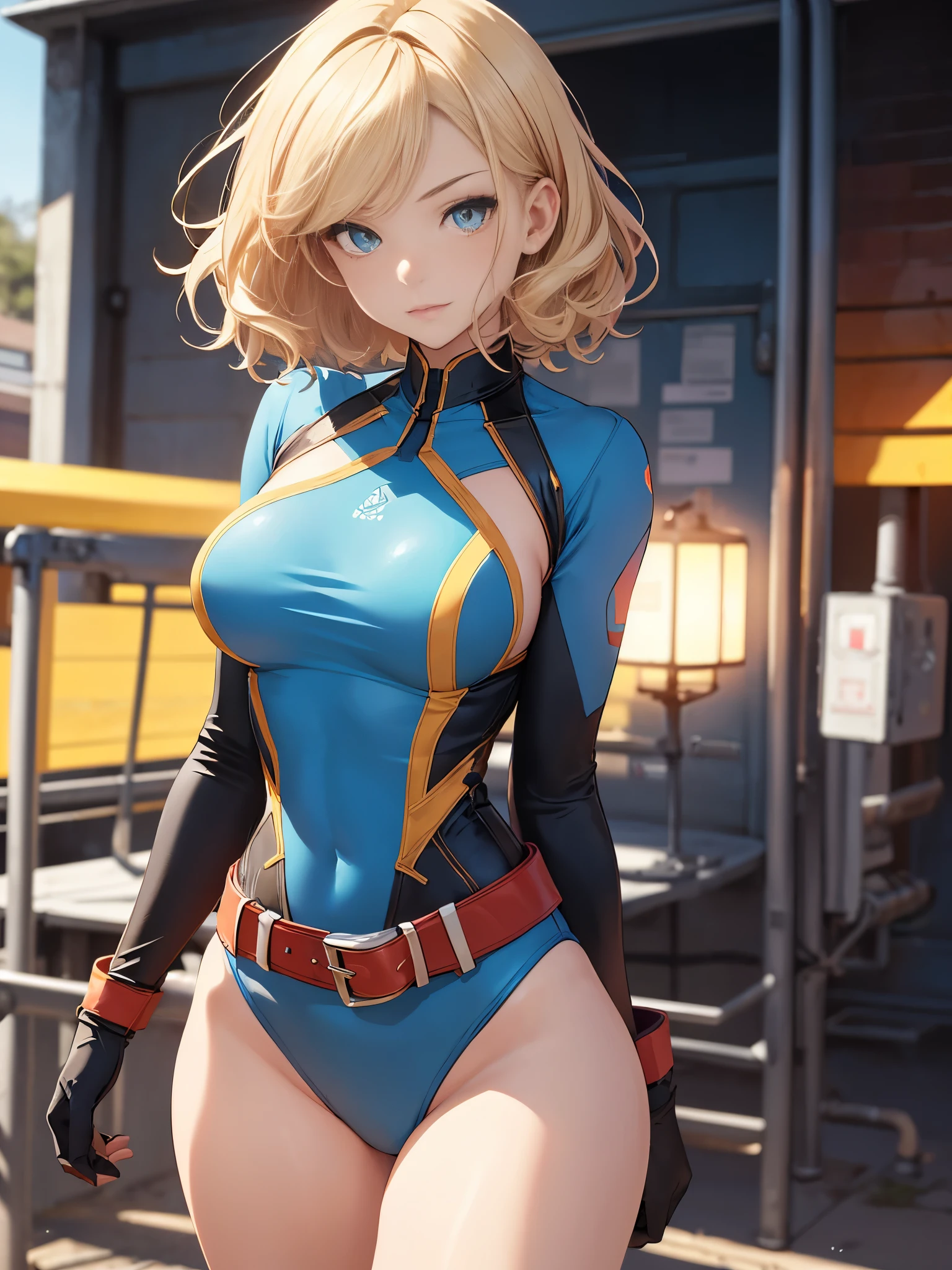 1girl, medium breasts, ((leotard, highleg leotard, light blue leotard)), (lighting bolt emblem on chest), bare legs, (tight belt), boots, matching boots, gloves, solo, single, standing, full body shot, cowboy shot, superhero, beautiful detailed eyes, power, powering up, ((blonde hair, short hair, wavy hair)), high school backdrop, outdoors, mature lady, teacher, perfect body, good proportions