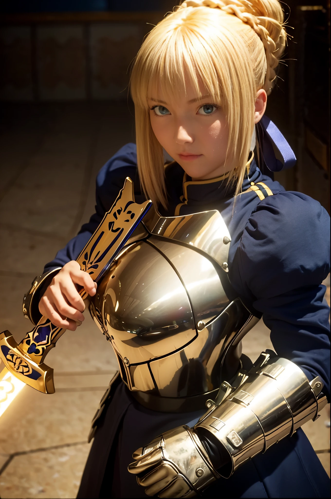 1girl,(((17 years old))),(a blond), (braided single hair bun)), (huge breast:1.5), (((armor))), ((beautiful anime eyes with fine detail)), ((indigo blue ribbon)), realistic skin, (intricate details), ((lighting forward)), depth field, ((ultra high resolution, high res)), {highres}, {{very fine 8KCG wallpapers}}, {{very precise detailed}}, ((((masterpiece)))),background old castle, ((grasp a golden sword)),