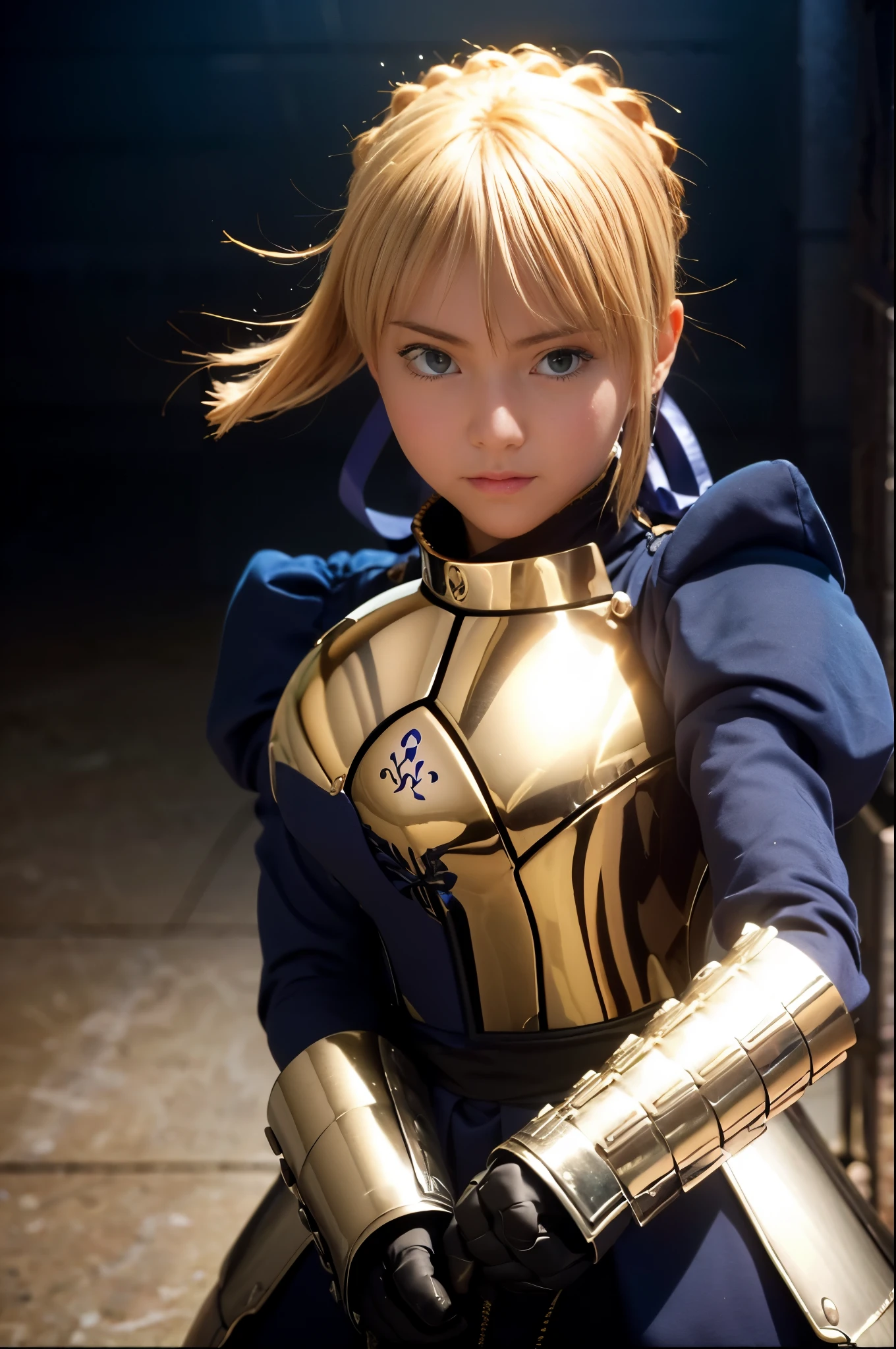 1girl,((())),(a blond), (braided single hair bun)), (huge breast:1.5), (((armor))), ((beautiful anime eyes with fine detail)), ((indigo blue ribbon)), realistic skin, (intricate details), ((lighting forward)), depth field, ((ultra high resolution, high res)), {highres}, {{very fine 8KCG wallpapers}}, {{very precise detailed}}, ((((masterpiece)))),background old castle, ((grasp a golden sword)),