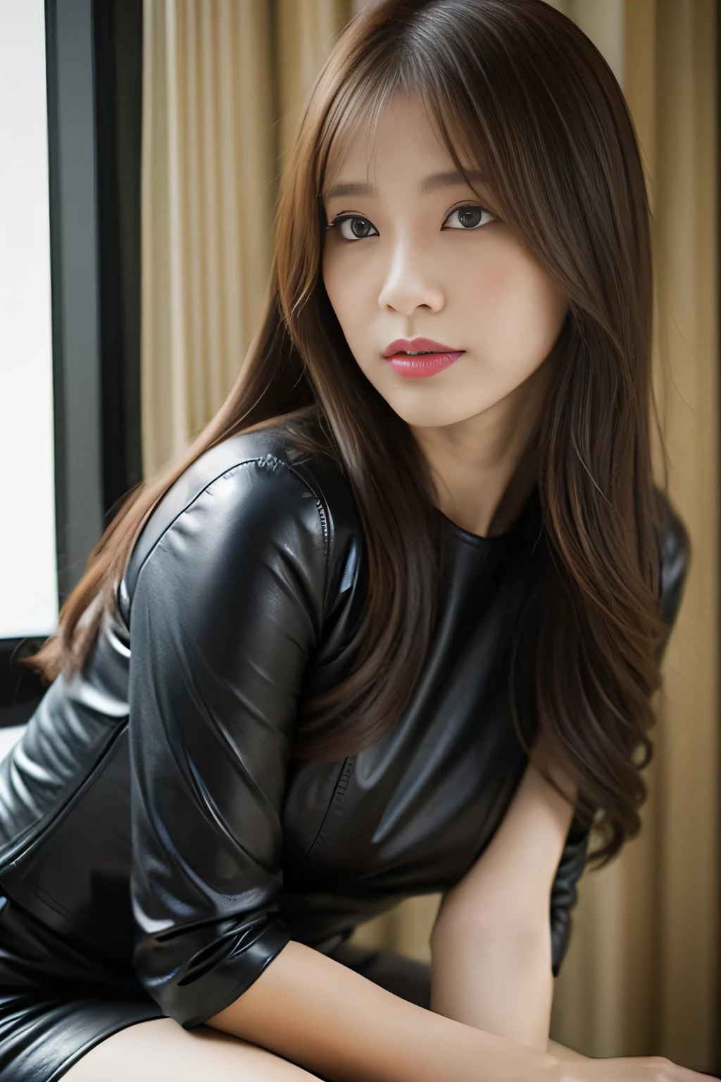 long bangs、1 girl、光沢のあるleatherライダージャケット､leather、Tight Skirt、(highest quality:1.4)、(超A high resolution:1.2)、(detailed eye)､room