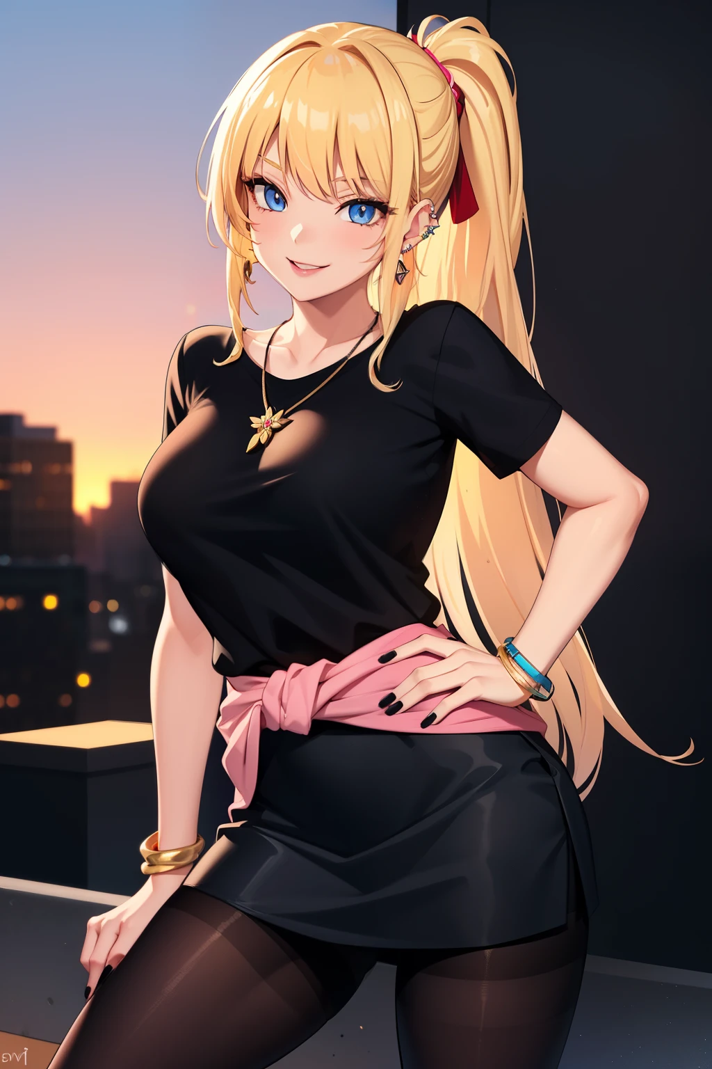 long blonde hair, ponytail, bangs, blue eyes, pink lipstick, smile, sexy position, piercings, earrings, bracelets, necklace, medium breasts, black shirt, cold look, black_ skirt, background, city sunset , Red _nails,, pantyhose_black, hands on the waist.