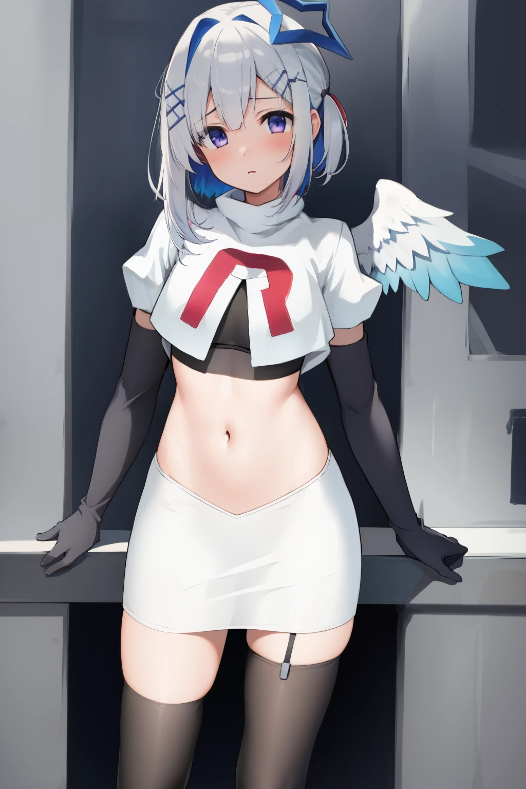 (masterpiece, best quality),  intricate details,
1girl,     kanatarnd,  kanatasixth, team rocket,team rocket uniform, red letter R, white skirt,white crop top,black thigh-highs, black elbow gloves
