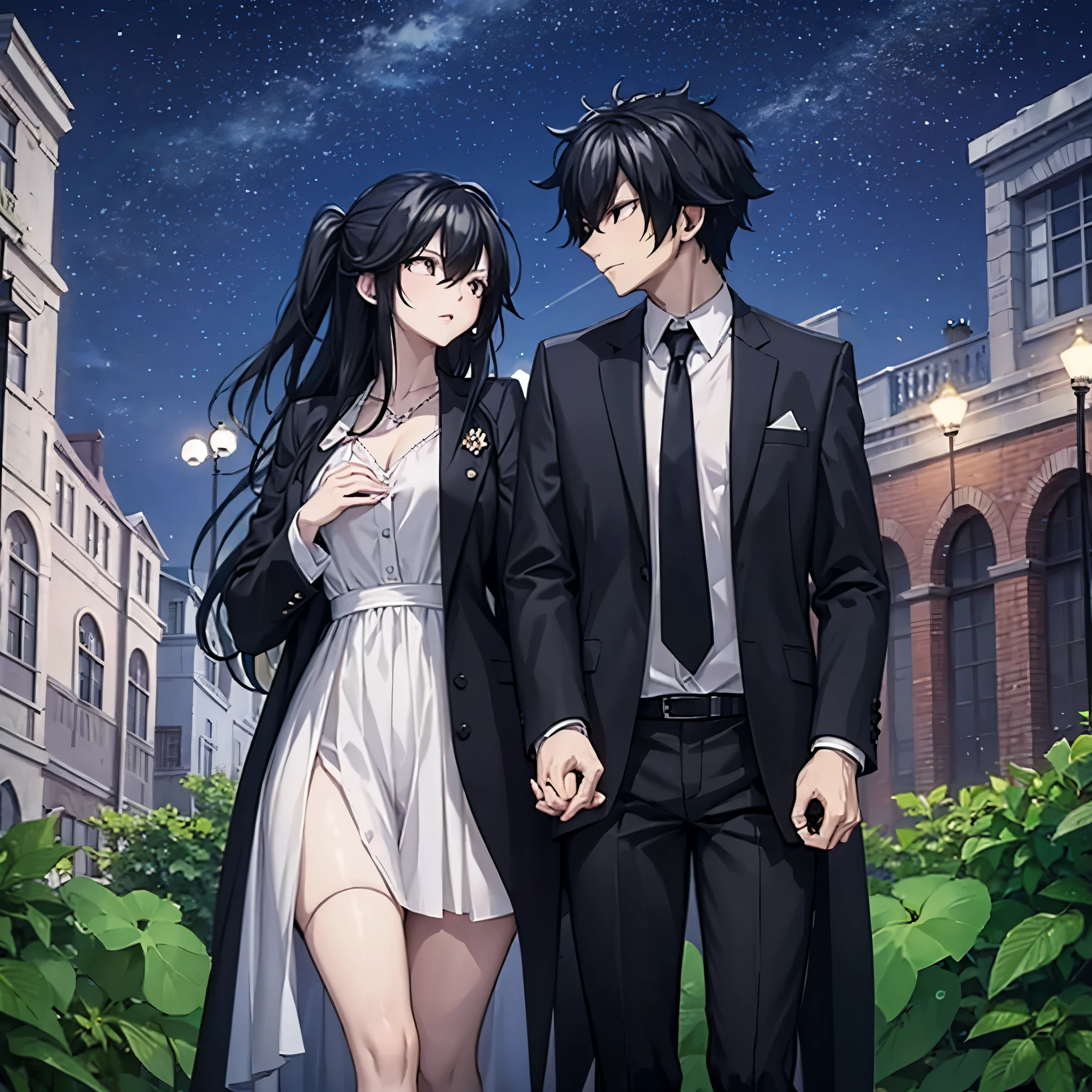 a man in black casual clothes holding hands with his wife in a white dress, in a park at night, illuminated.
