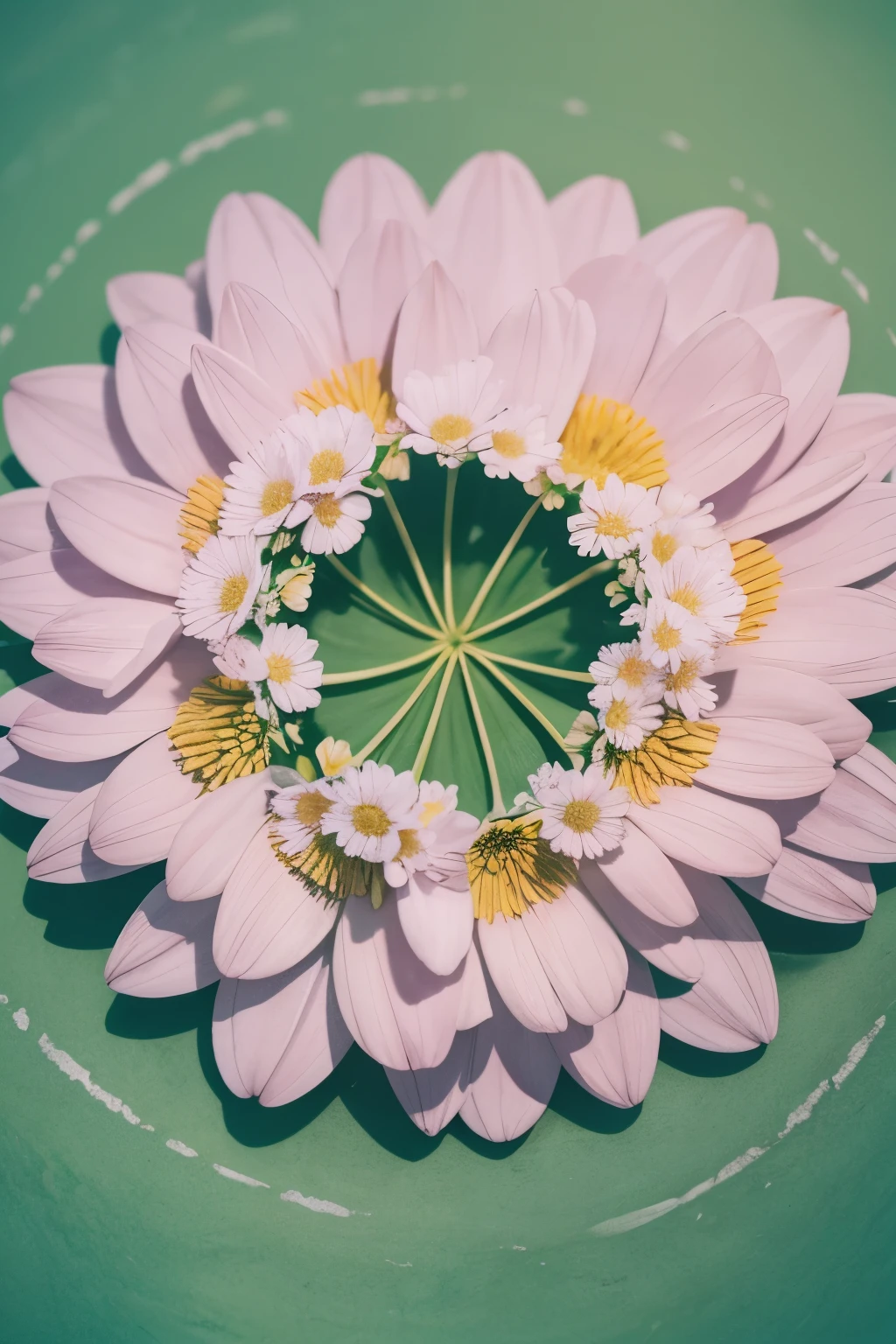 best quality, 32k, RAW photo, incredibly absurdres, extremely detailed, delicate texture, flowers are blooming in the center circle, pastel color