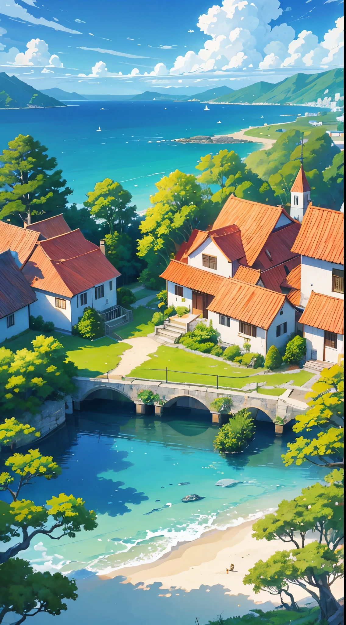 very detail painting, small village harbor, a distance sailing boat, breeze winds, beautiful puffy clouds, peaceful summer, incredibly beautiful anime landscape, calm morning, distance forest hills, distance sea cliff, coconut trees, beautiful anime landscape, view from above, anime movie background, high quality desktop wallpaper, landscape wallpaper