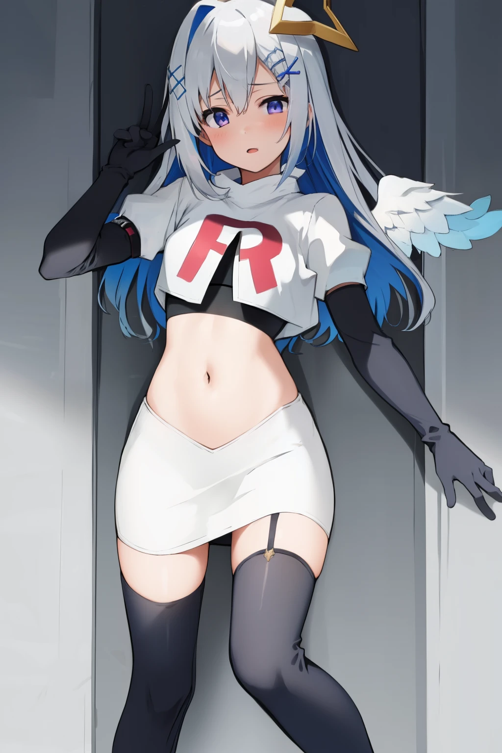 (masterpiece, best quality), intricate details,
1girl, kanatarnd, kanatasixth, team rocket,team rocket uniform, red letter R, white skirt,white crop top,black thigh-highs, black elbow gloves