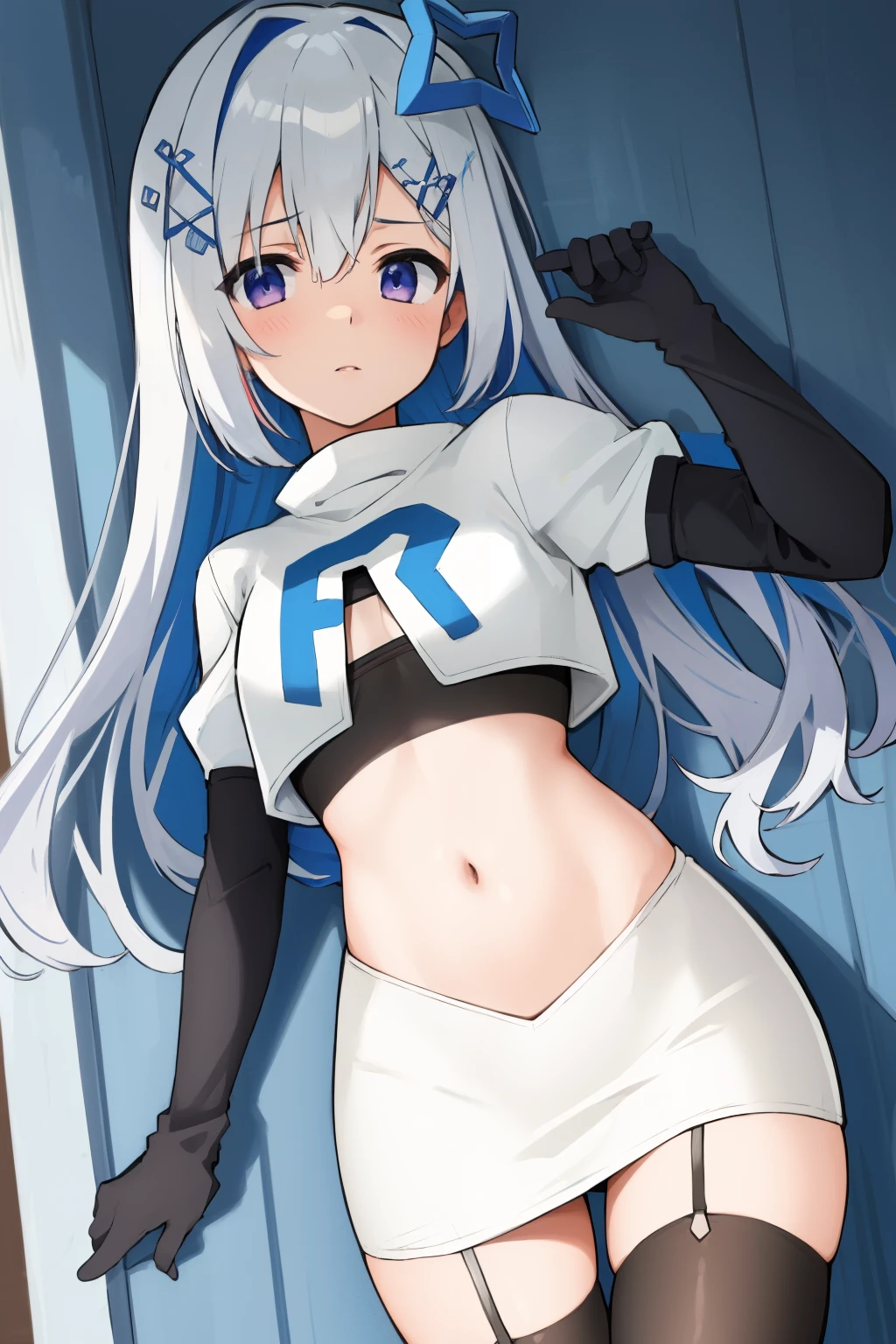 (masterpiece, best quality),  intricate details,
1girl,     kanatarnd,  kanatasixth, team rocket,team rocket uniform, red letter R, white skirt,white crop top,black thigh-highs, black elbow gloves
