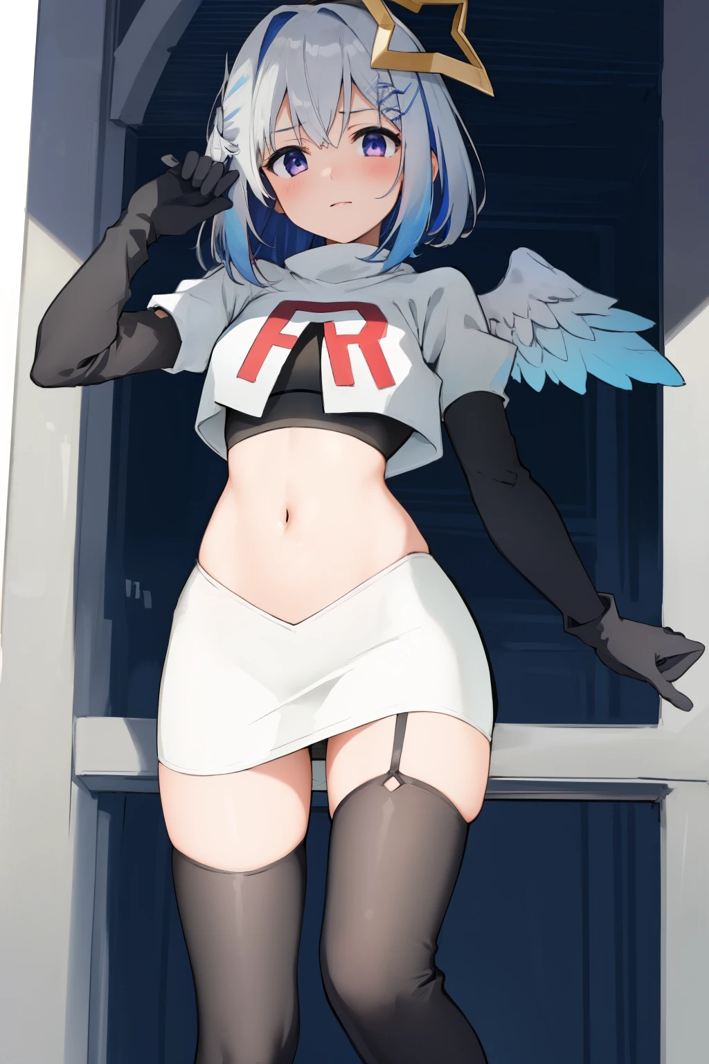 (masterpiece, best quality),  intricate details,
1girl,     kanatarnd,  kanatasixth, team rocket,team rocket uniform, red letter R, white skirt,white crop top,black thigh-highs, black elbow gloves
