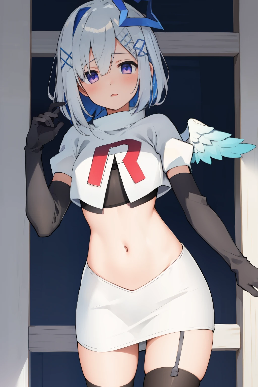 (masterpiece, best quality), intricate details,
1girl, kanatarnd, kanatasixth, team rocket,team rocket uniform, red letter R, white skirt,white crop top,black thigh-highs, black elbow gloves