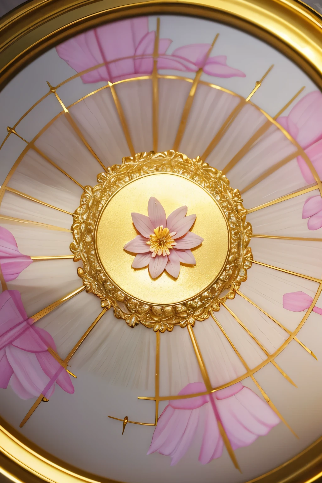 best quality, 32k, RAW photo, incredibly absurdres, extremely detailed, delicate texture, flowers are blooming in the shining gold plated center circle, pastel color