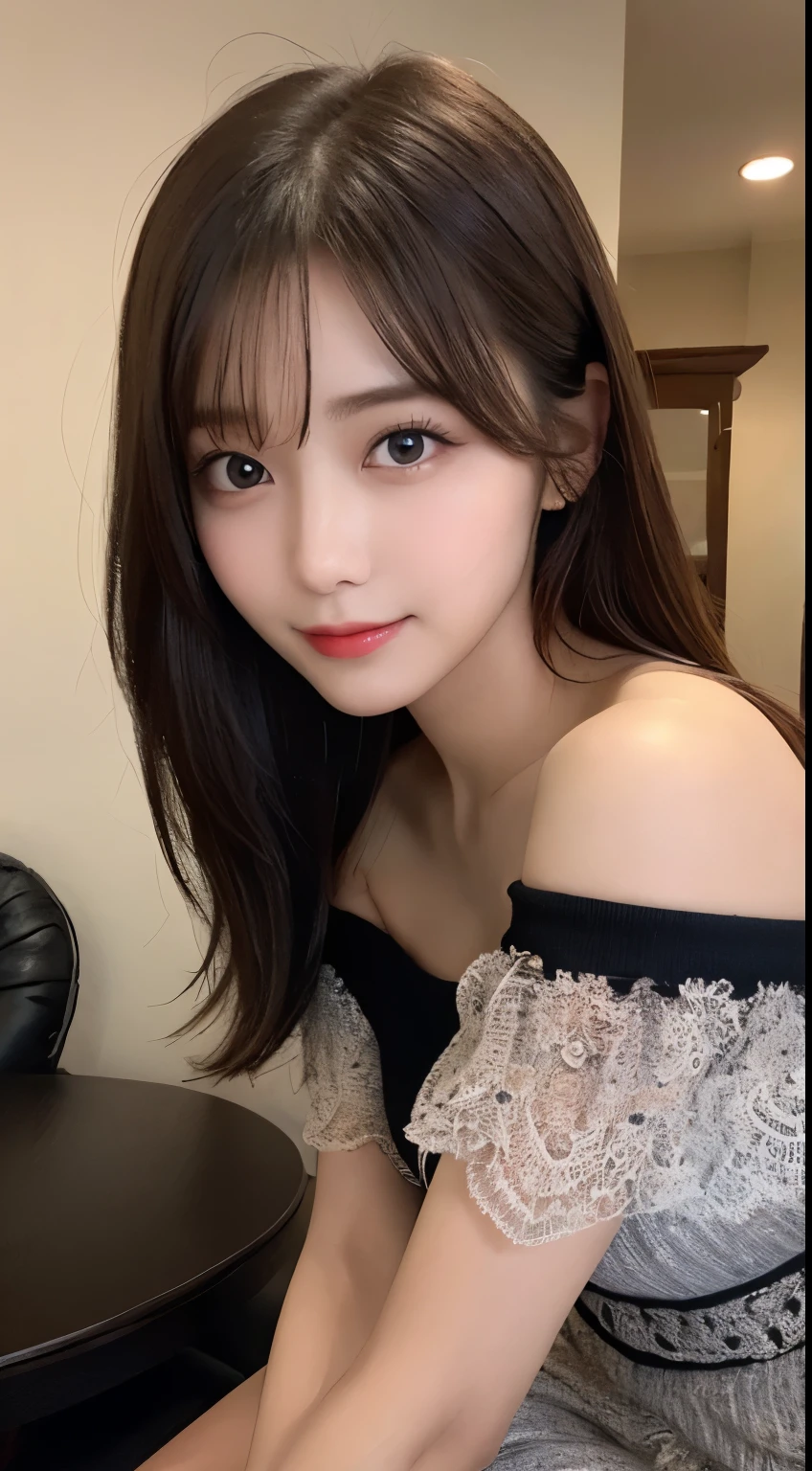 table top, highest quality, shape, Super detailed, finely, High resolution, 8k wallpaper, 完璧なダイナミックな構shape, beautiful and detailed eyes, off shoulder dress, small breasts, natural color lip,gentle smile,20 year old girl、美しくdetailed face、perfect and beautiful face,Big eyes、美しくdetailed face、perfect and beautiful double eyelids、blur the background、Feminine poses、slim face and style、straight hair、Bedroom、lie in bed、 (get closer to the face, enlarge the face, face focus:1.0), break, (masterpiece, highest quality, Super detailed, detailed face, 8k)、real photos(Highest image quality)、Shoot from below、Look up、K-POPアイドルフェイス、Smile