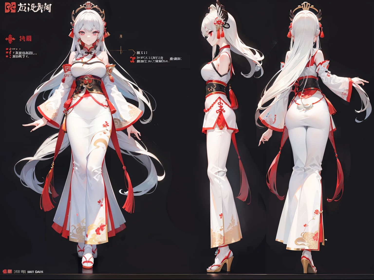 ((masterpiece, best quality)), Detailed face, character design sheet， Full body female love, full of details, body positivity, rear body view, Very detailed, depth, many parts,White long hair girl, Red Chinese Hanfu long skirt, Genshin Impact, 