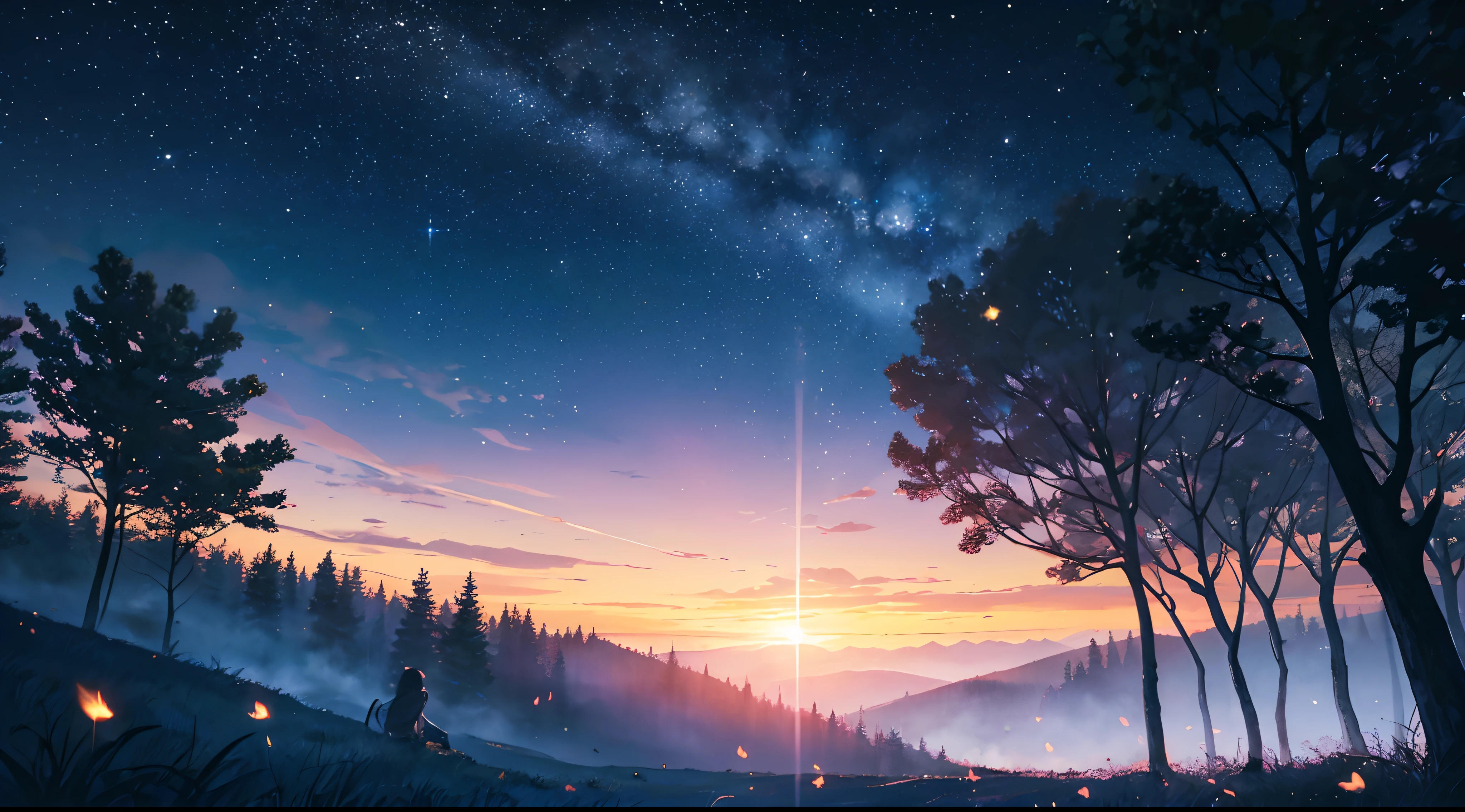 (((night sky))), dark blue sky, forest silhouette, firefly, night