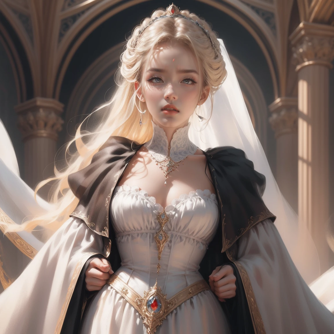 { -  error}(Masterpiece - Ultra-detailed, very high resolution) Prepare to be enchanted by a true masterpiece that combines ultra-detailed art with high-resolution rendering. This work depicts a mesmerizing woman with very long blond hair (1.3) and captivating gray eyes (1.2), emanating an aura of elegance and mystery in Victorian settings. The intricate details and realistic textures invite you to explore every aspect of this enchanting composition. Woman wearing beautiful classic Victorian costume from the year 1878. Red lips. Happy face. Smiling. white (white) dress. Walking, backwards, looking back, dynamic poses. Get ready to dive into a world where beauty and craftsmanship merge perfectly.