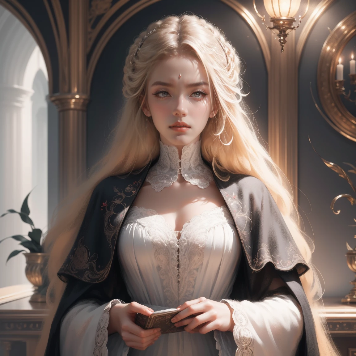 { - anatomy error}(Masterpiece - Ultra-detailed, very high resolution) Prepare to be enchanted by a true masterpiece that combines ultra-detailed art with high-resolution rendering. This work depicts a mesmerizing woman with very long blond hair (1.3) and captivating gray eyes (1.2), emanating an aura of elegance and mystery in Victorian settings. The intricate details and realistic textures invite you to explore every aspect of this enchanting composition. Woman wearing beautiful classic Victorian costume from the year 1878. Red lips. Happy face. Smiling. white (white) dress. london 1978 backgroun, dynamic poses. Get ready to dive into a world where beauty and craftsmanship merge perfectly.