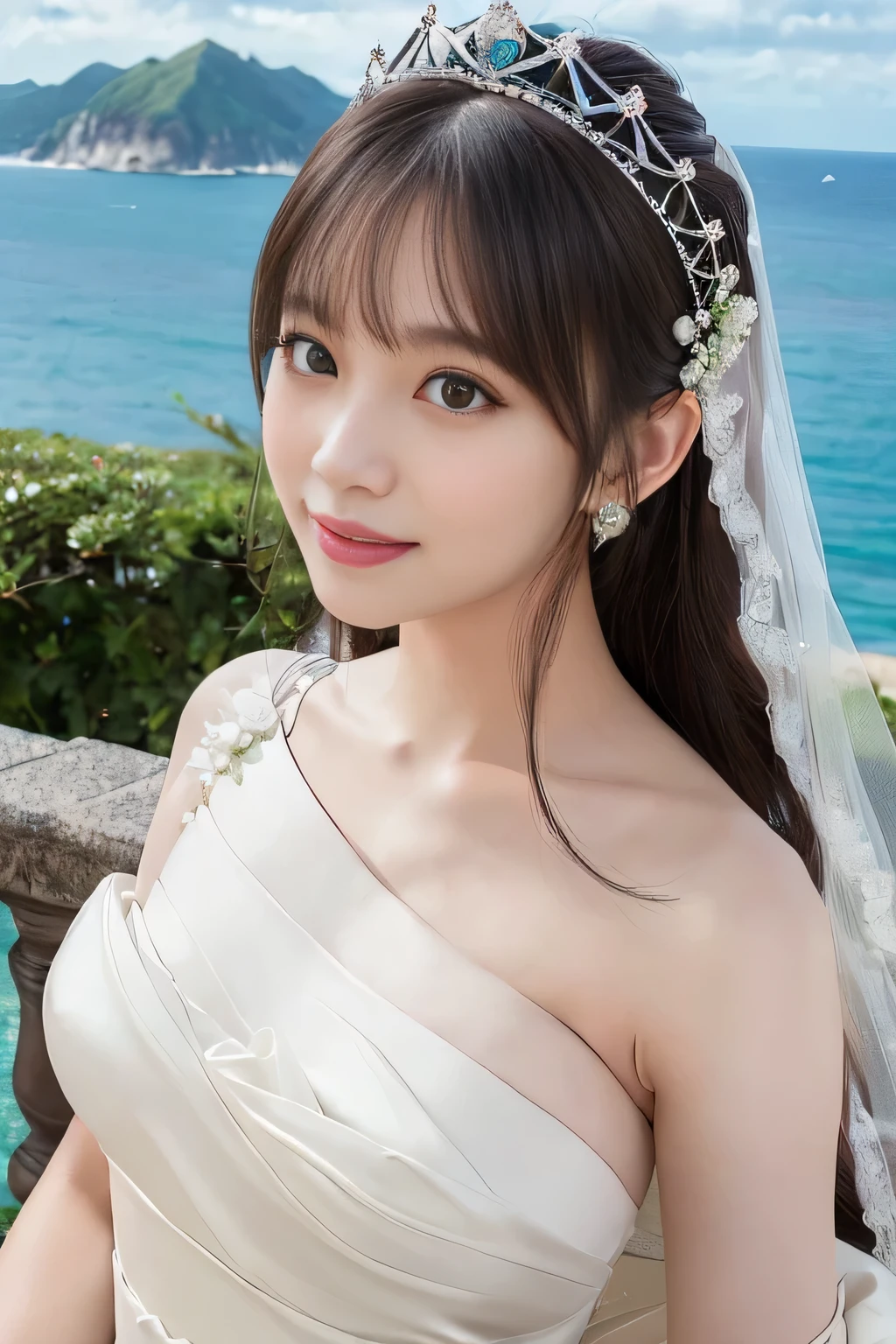 (highest quality, table top:1.2), (realistic:1.3), (非常にdetailed background, detailed background), Bokeh,shot from the side,  ((medium breasts)), [[valley]],(princess line wedding dress:1.3),(((one shoulder:1.3))), bridal tiara, bridal veil, bridal gauntlet,  Upper body, (Wedding venues near the sea:1.2), smile,