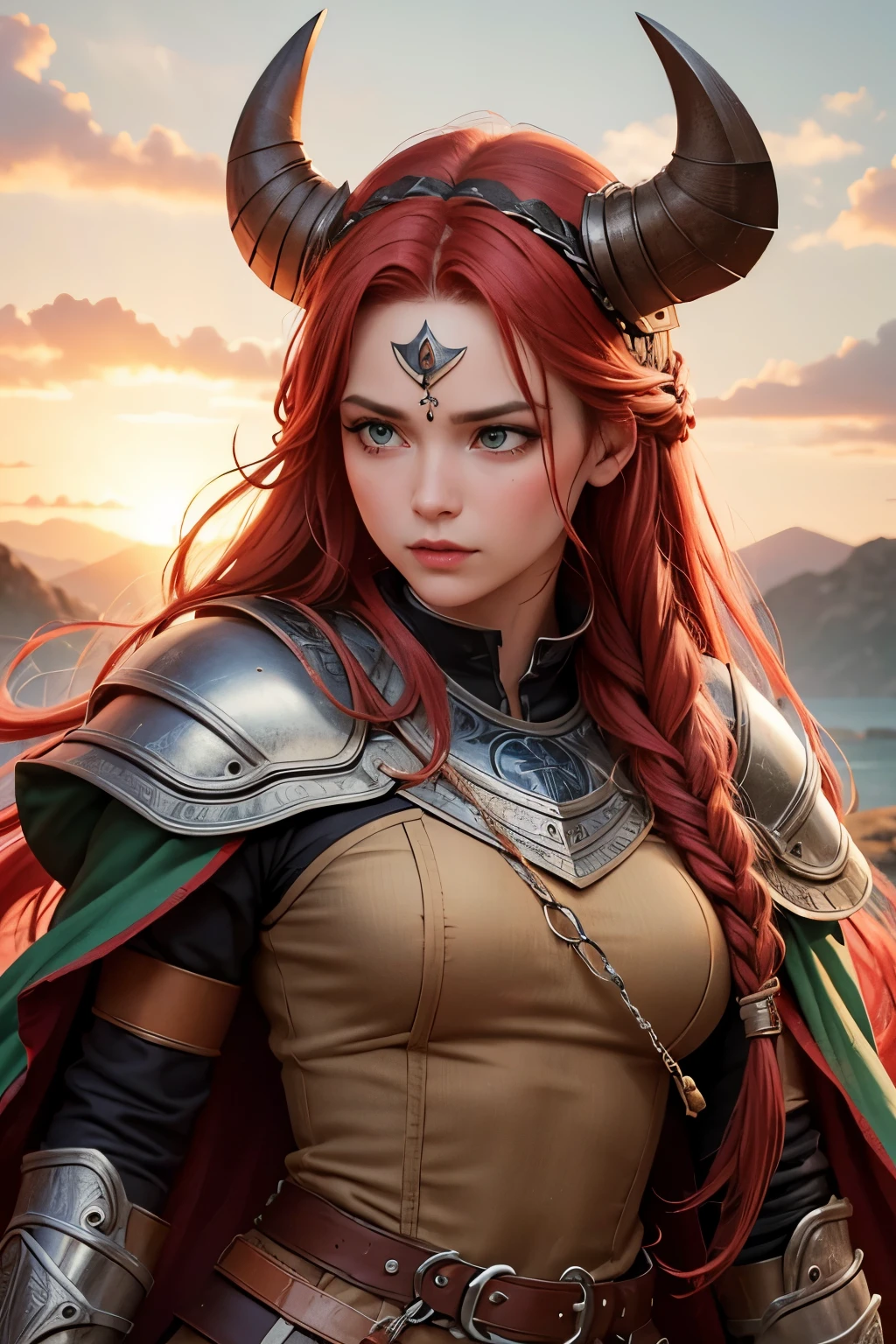 1 mulher,A Viking warrior with long braided red hair,olhos verdes, sardas, thin lips,rosto redondo,seios grandes,quadril largo, guerreira viking segurando espada, sentada em um trono forrado com pele de urso