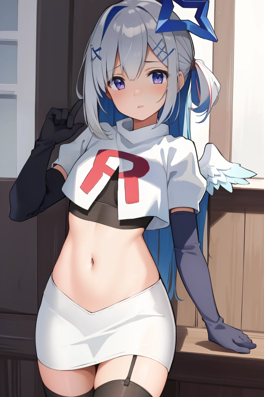 (masterpiece, best quality), intricate details,
1girl, kanatarnd, kanatasixth, team rocket,team rocket uniform, red letter R, white skirt,white crop top,black thigh-highs, black elbow gloves