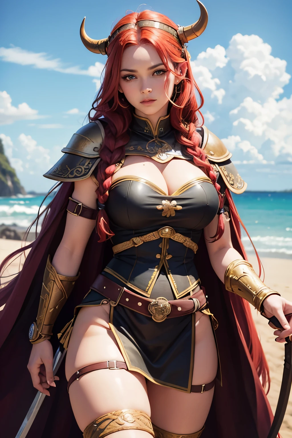 1 mulher,A Viking warrior with long braided red hair,olhos verdes, sardas, thin lips,rosto redondo,seios grandes,quadril largo, guerreira viking segurando espada, sentada em um trono forrado com pele de urso