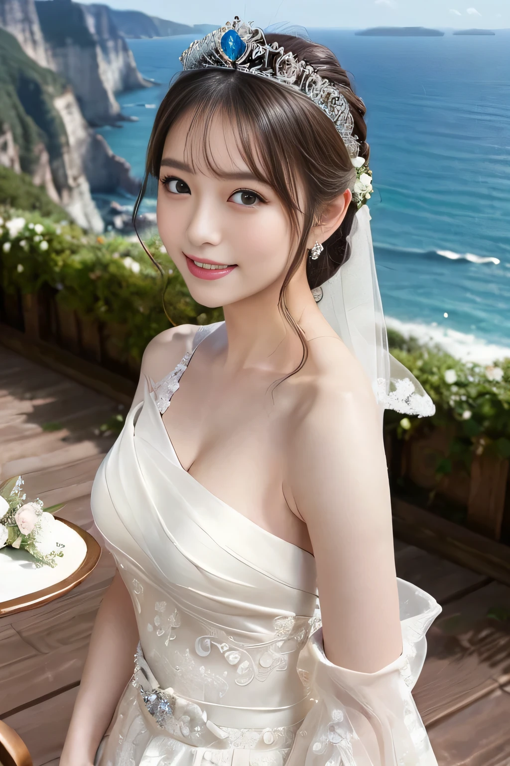 (highest quality, table top:1.2), (realistic:1.3), (非常にdetailed background, detailed background), Bokeh,shot from the side,  ((medium breasts)), [[valley]],(princess line wedding dress:1.3),(((one shoulder:1.3))), bridal tiara, bridal veil, bridal gauntlet,  Upper body, (Wedding venues near the sea:1.2), smile,