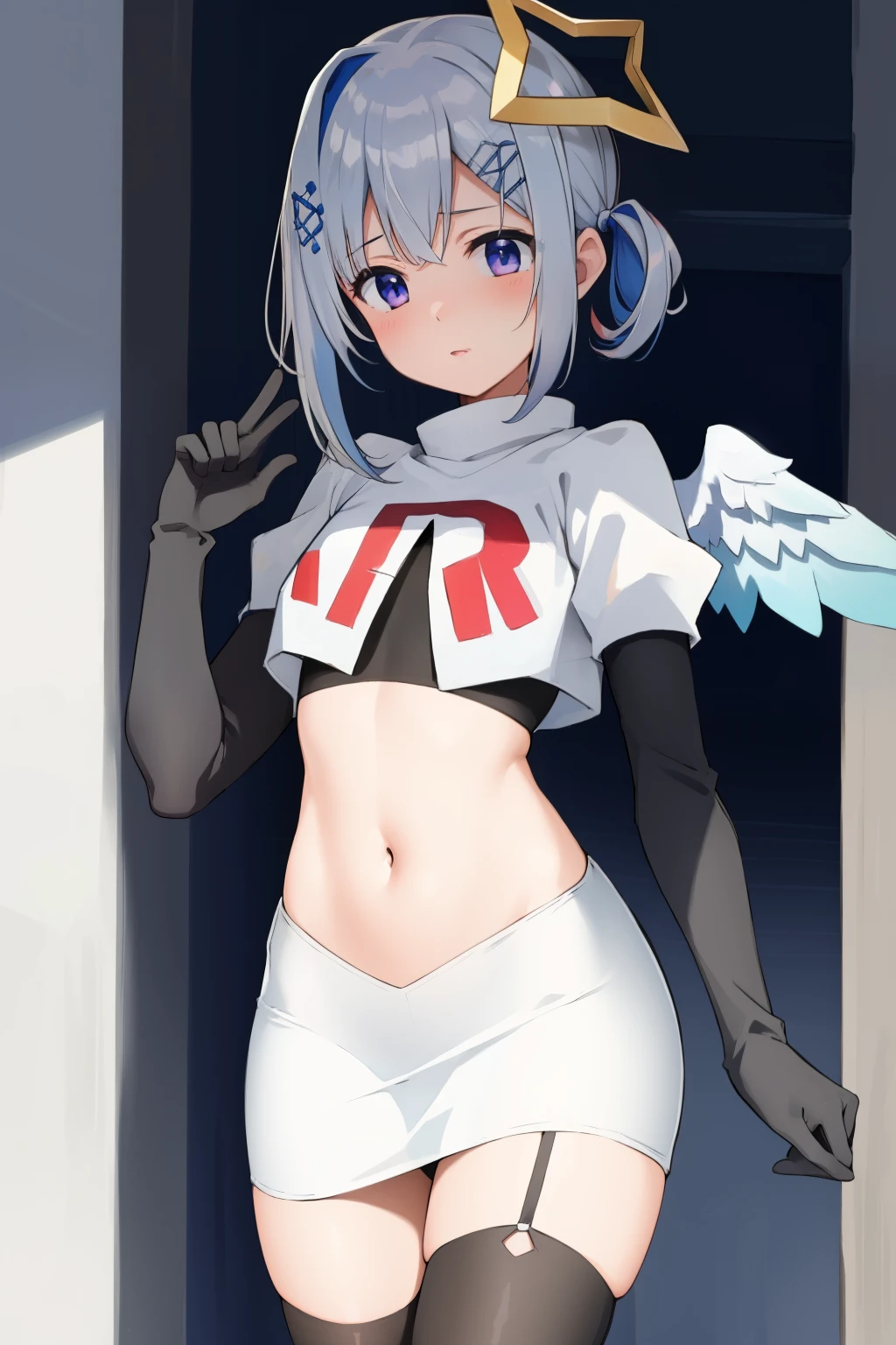 (masterpiece, best quality),  intricate details,
1girl,     kanatarnd,  kanatasixth, team rocket,team rocket uniform, red letter R, white skirt,white crop top,black thigh-highs, black elbow gloves
