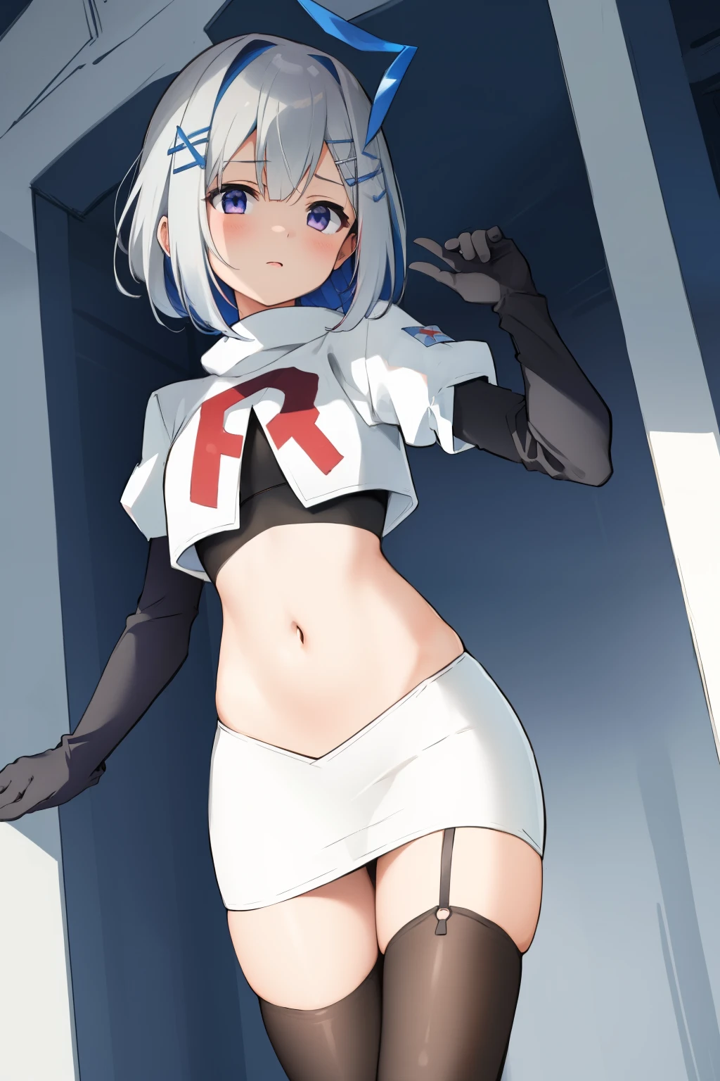(masterpiece, best quality), intricate details,
1girl, kanatarnd, kanatasixth, team rocket,team rocket uniform, red letter R, white skirt,white crop top,black thigh-highs, black elbow gloves