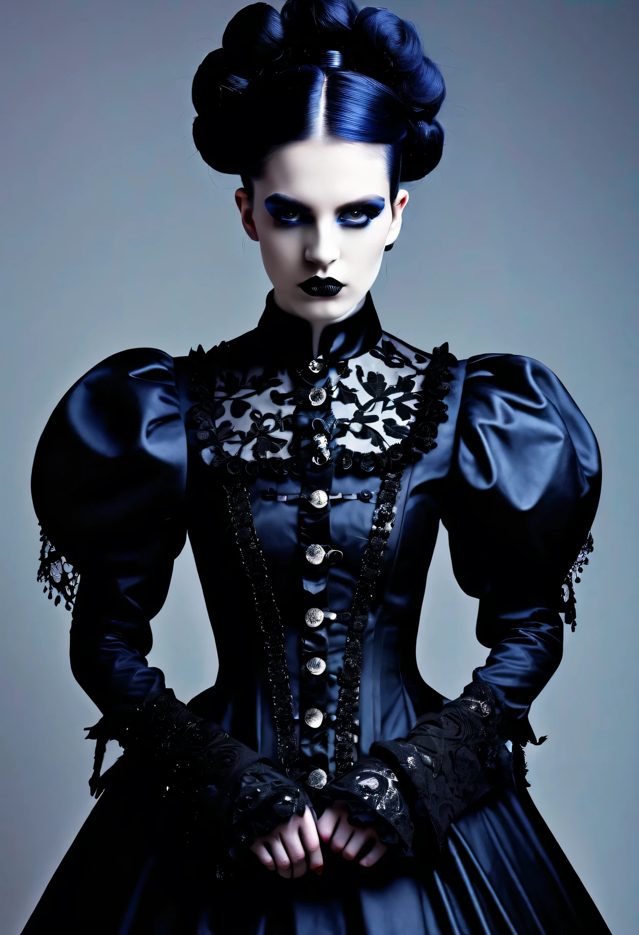 Imagine the fusion of traditional Chinese aesthetics and Gothic Lolita fashion, where elegant Hanfu silhouettes intertwine with the profound allure of Gothic elements. Picture exquisite, intricately designed Hanfu in deep, rich colors, adorned with ornate belts and corsets, featuring delicate lace trims. In terms of accessories, belts and parasols with lace and ribbons add a touch of Victorian style. The intricate wig combines traditional “tsumami kanzashi” with Gothic patterns. The color palette leans towards deep purple, black, and blood red, creating a stark contrast with the exquisite fabrics. Traditional Chinese facial makeup completes the overall look, blending the elegance of traditional Chinese beauty with the mysterious grace of Gothic fashion. The result is a captivating and unique style that seamlessly blends the charm of traditional Chinese culture with the dark romanticism of Gothic Lolita.