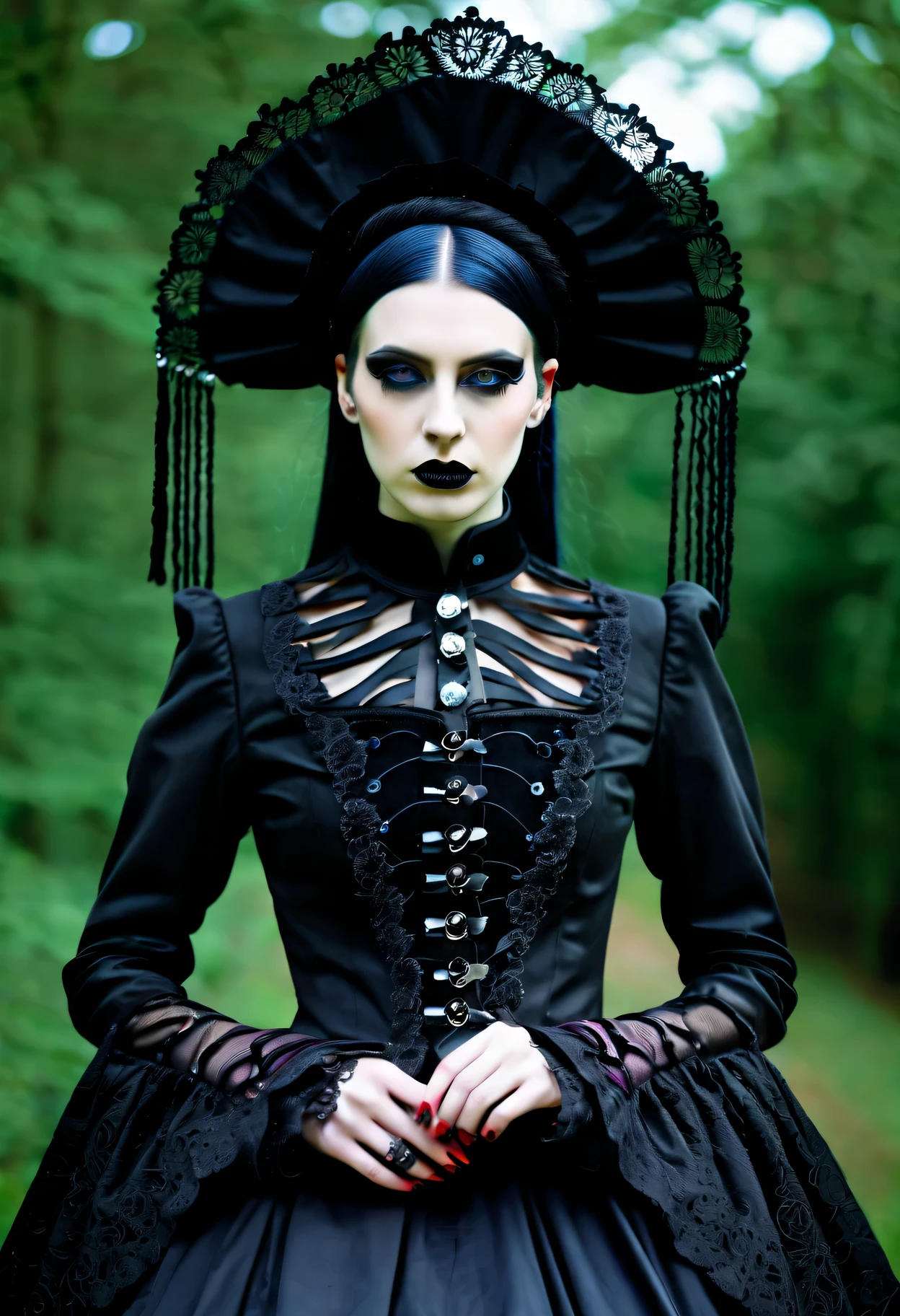Imagine the fusion of traditional Chinese aesthetics and Gothic Lolita fashion, where elegant Hanfu silhouettes intertwine with the profound allure of Gothic elements. Picture exquisite, intricately designed Hanfu in deep, rich colors, adorned with ornate belts and corsets, featuring delicate lace trims. In terms of accessories, belts and parasols with lace and ribbons add a touch of Victorian style. The intricate wig combines traditional “tsumami kanzashi” with Gothic patterns. The color palette leans towards deep purple, black, and blood red, creating a stark contrast with the exquisite fabrics. Traditional Chinese facial makeup completes the overall look, blending the elegance of traditional Chinese beauty with the mysterious grace of Gothic fashion. The result is a captivating and unique style that seamlessly blends the charm of traditional Chinese culture with the dark romanticism of Gothic Lolita.