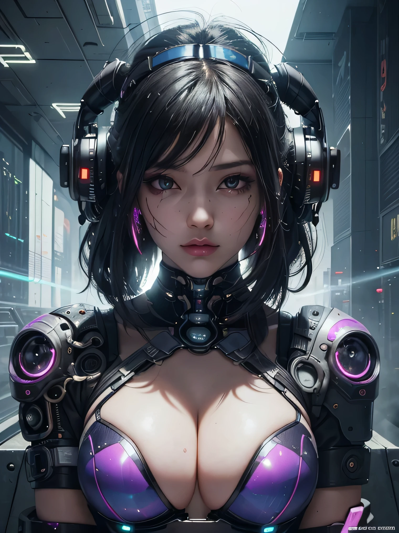 Unbeatable masterpiece, ultra photoreal sim, perfect artwork, intricate details, highest quality, strong light,high contrast,((Post apocalyptic futuristic cyber punk , overview):1.35) , ((masterpiece)),((very detailed)) , ((very detailed and beautiful face)) , smoky makeup, perfect composition , intricate details , neon light , neon trim, (Full body Esbian:1.25) , (official art) , とても繊細で美しいcyber punk少女, Long iridescent hair flutters in the wind, bright yellow eyes, long and thin eyelashes, huge huge tits, showing cleavage, very detailed未来的なフード付きバトルアーマーを着用, Many tattoos and piercings(1 girl:1.3) , alone , (glass screen:1.2) , (clear glass) , Tyndall effect , colorful refraction , visual impact , (high light contrast) , colorful , melt , (cyber punk:1.2) ,(flinch :1.4) ,