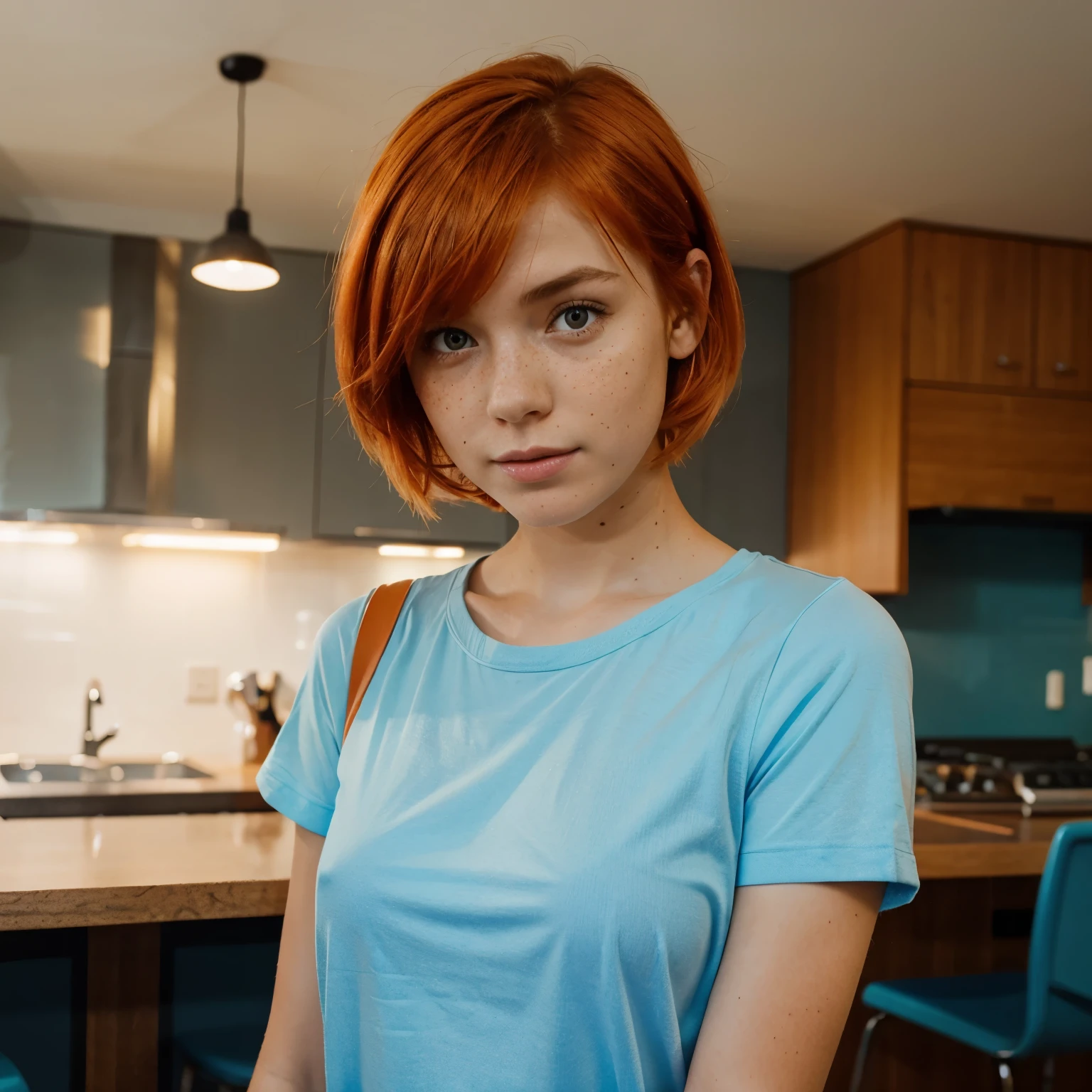 Girl short orange hair with freckles selfie in blue shirt 