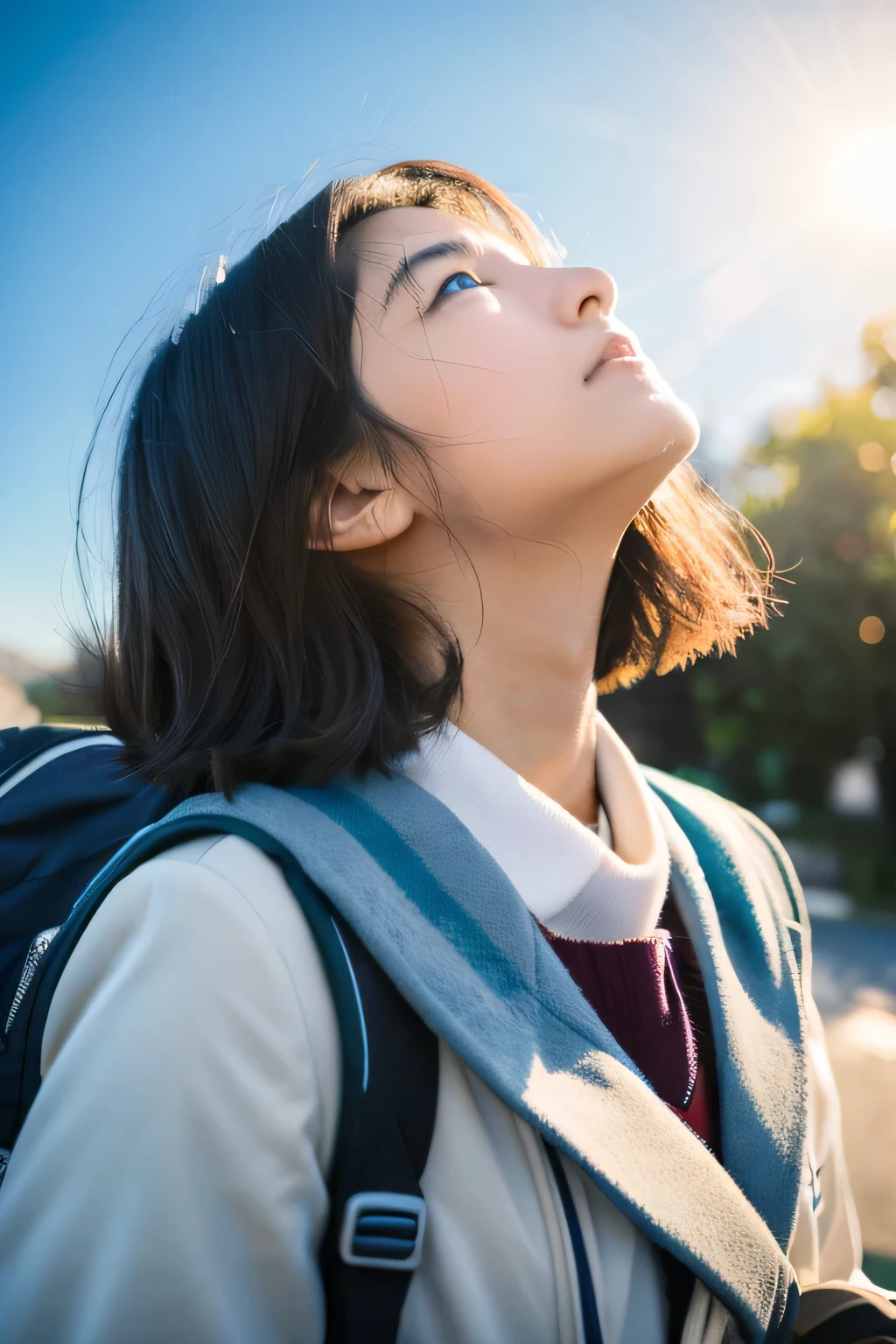 high school student　look up at the sky　white breathが出る　Coming to school in the morning　white breath　cold morning　early morning　　bicycle　　Rear view　Enlarge your eyes